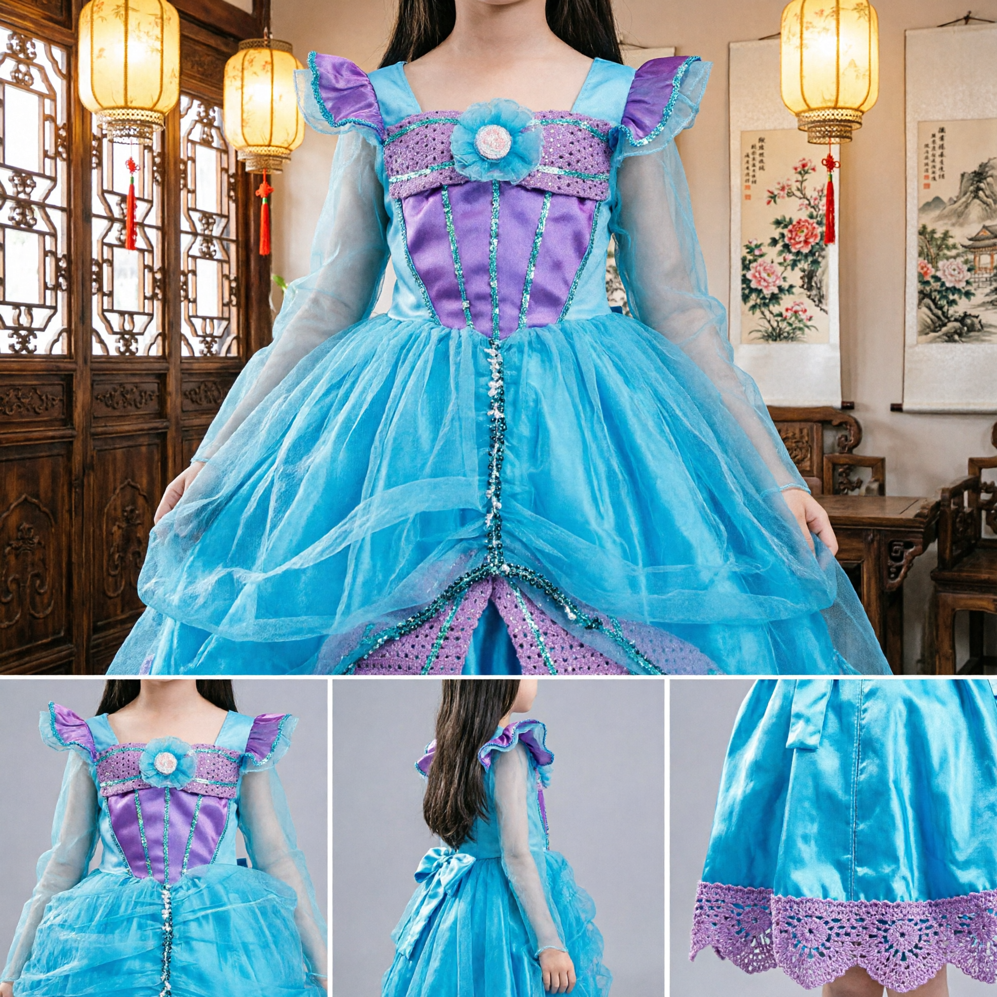 Girls Blue and Purple Princess Dress Costume with Magic Wand and Tiara for Halloween Party Cosplay