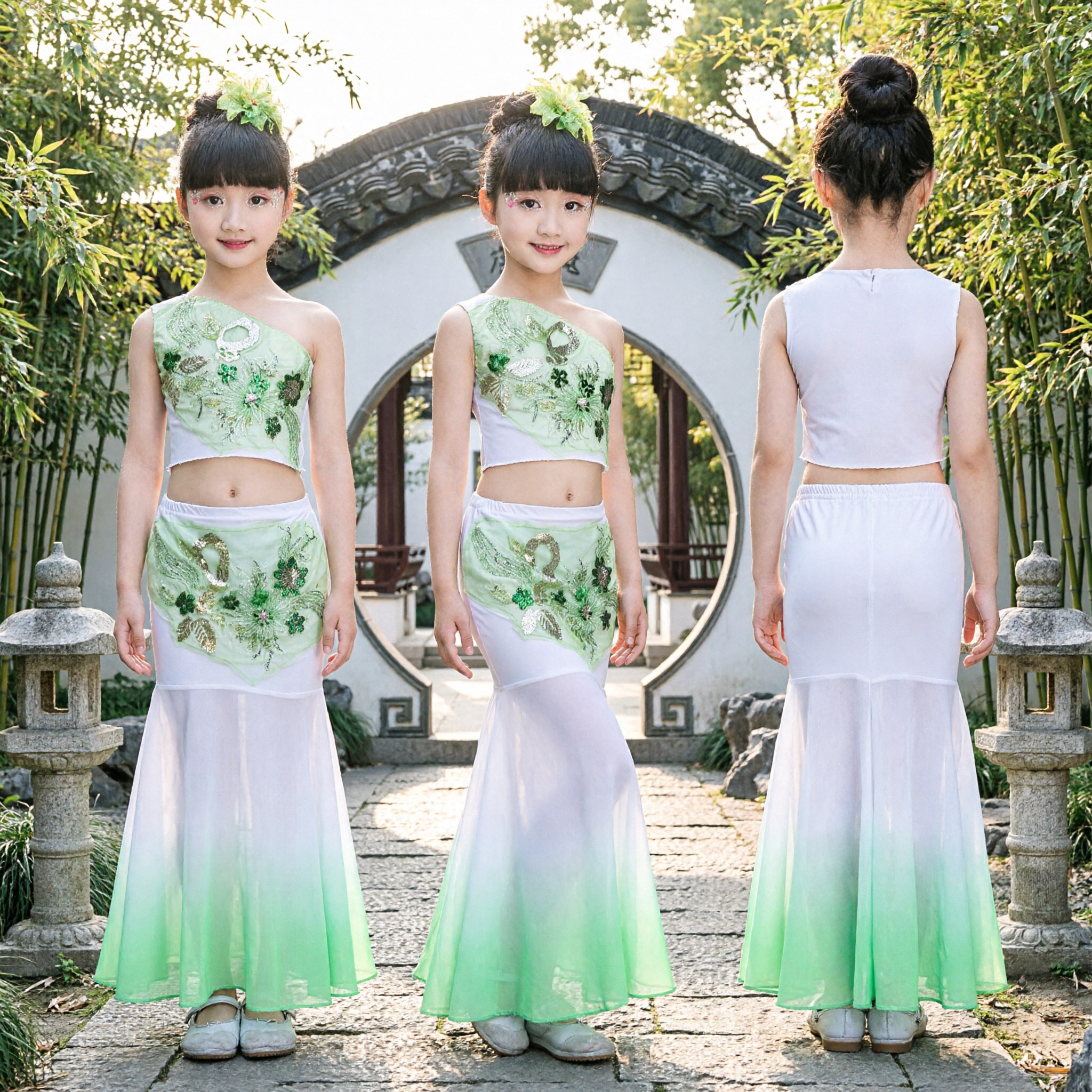 Kids Chinese Dai Minority Peacock Dance Costume Green Sequin Stage Performance Dress for Girls