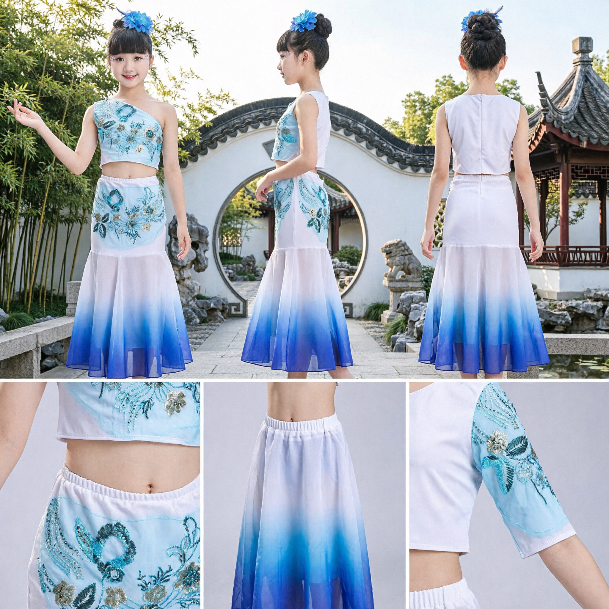 Kids Girls Chinese Folk Dance Costume Blue Gradient Fishtail Skirt One Shoulder Top Stage Performance Outfit