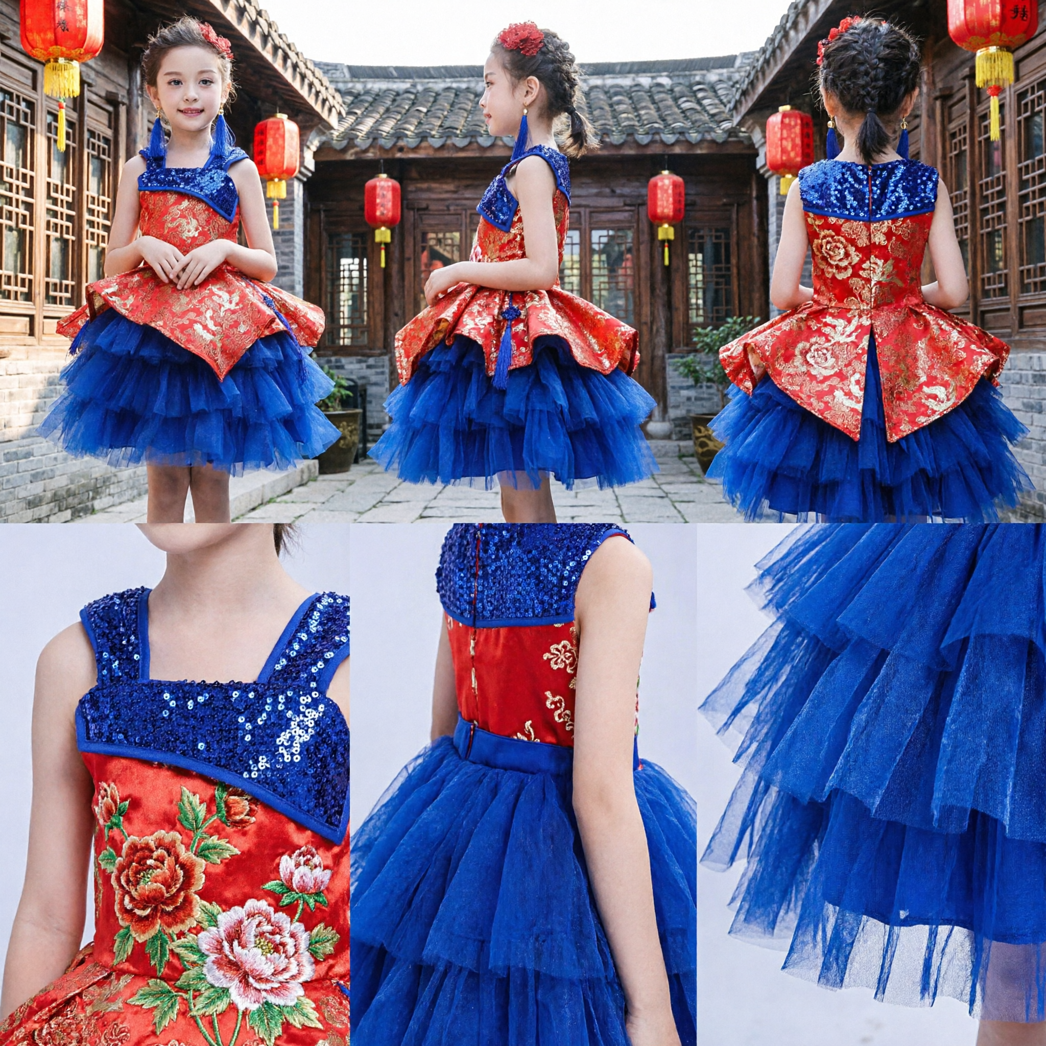 Kids Girls Chinese Traditional Qipao Dress Red Gold Embroidery Top Blue Tulle Skirt Performance Costume