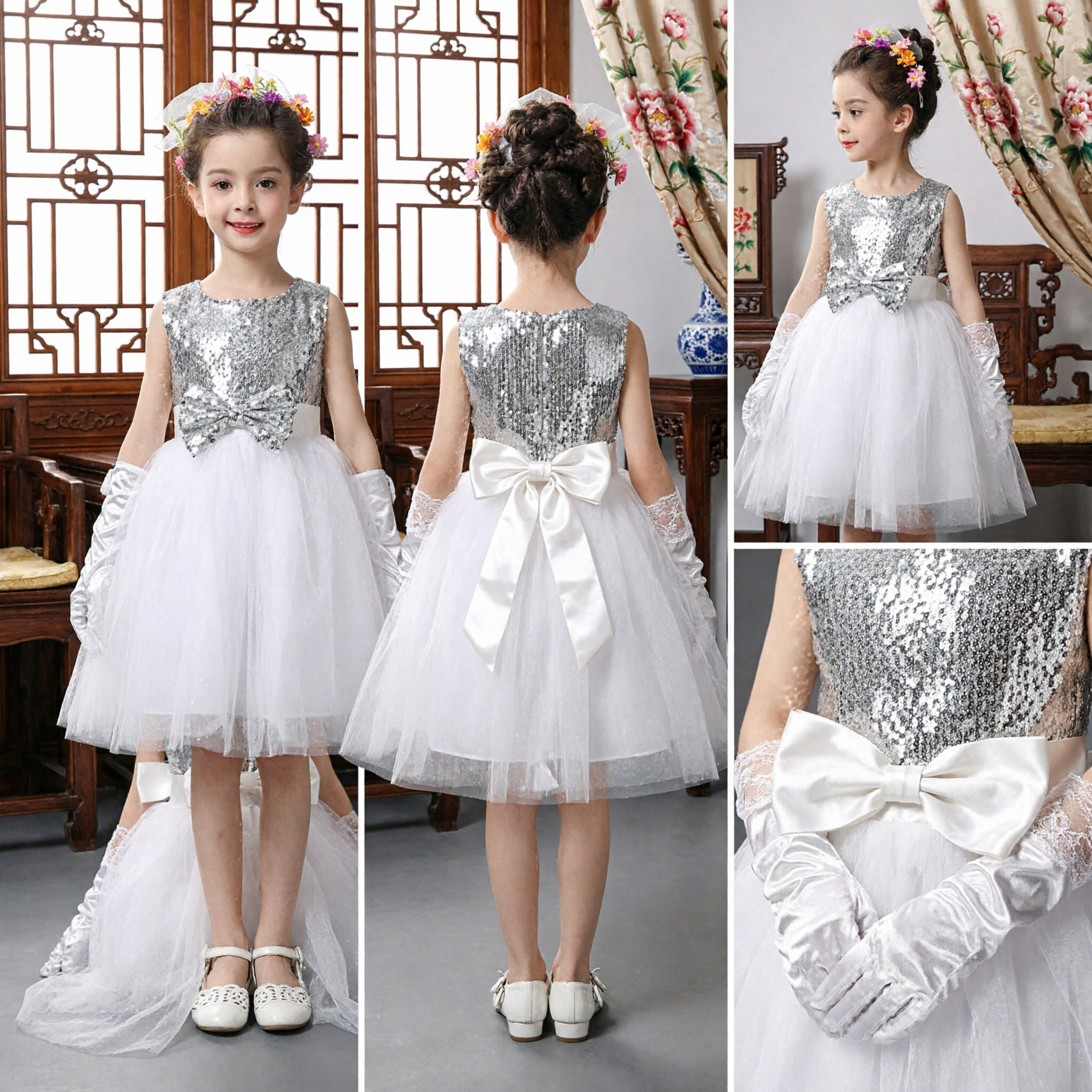 Girls Silver Sequin Bodice White Tulle Ball Gown Flower Girl Wedding Party Performance Dress