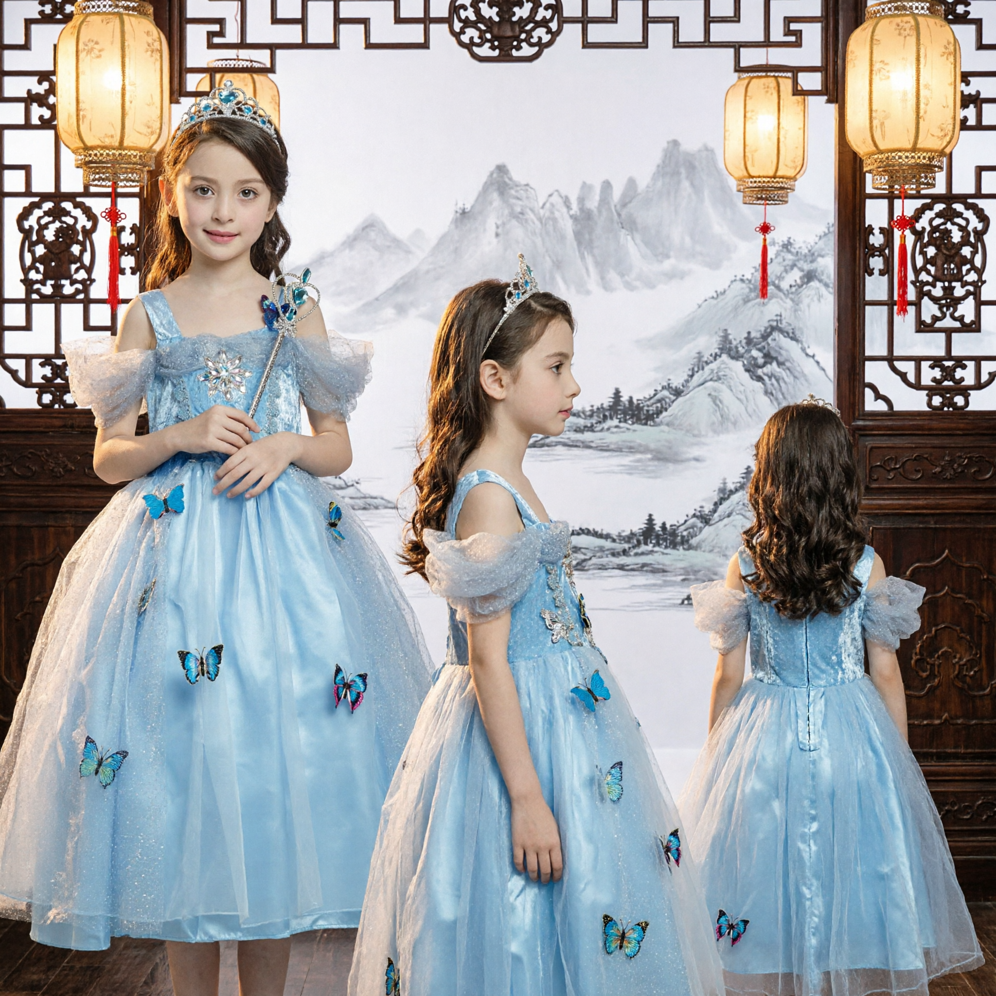 Girls Light Blue Princess Dress Butterfly Fairy Costume Tulle Gown with Wand for Halloween Party