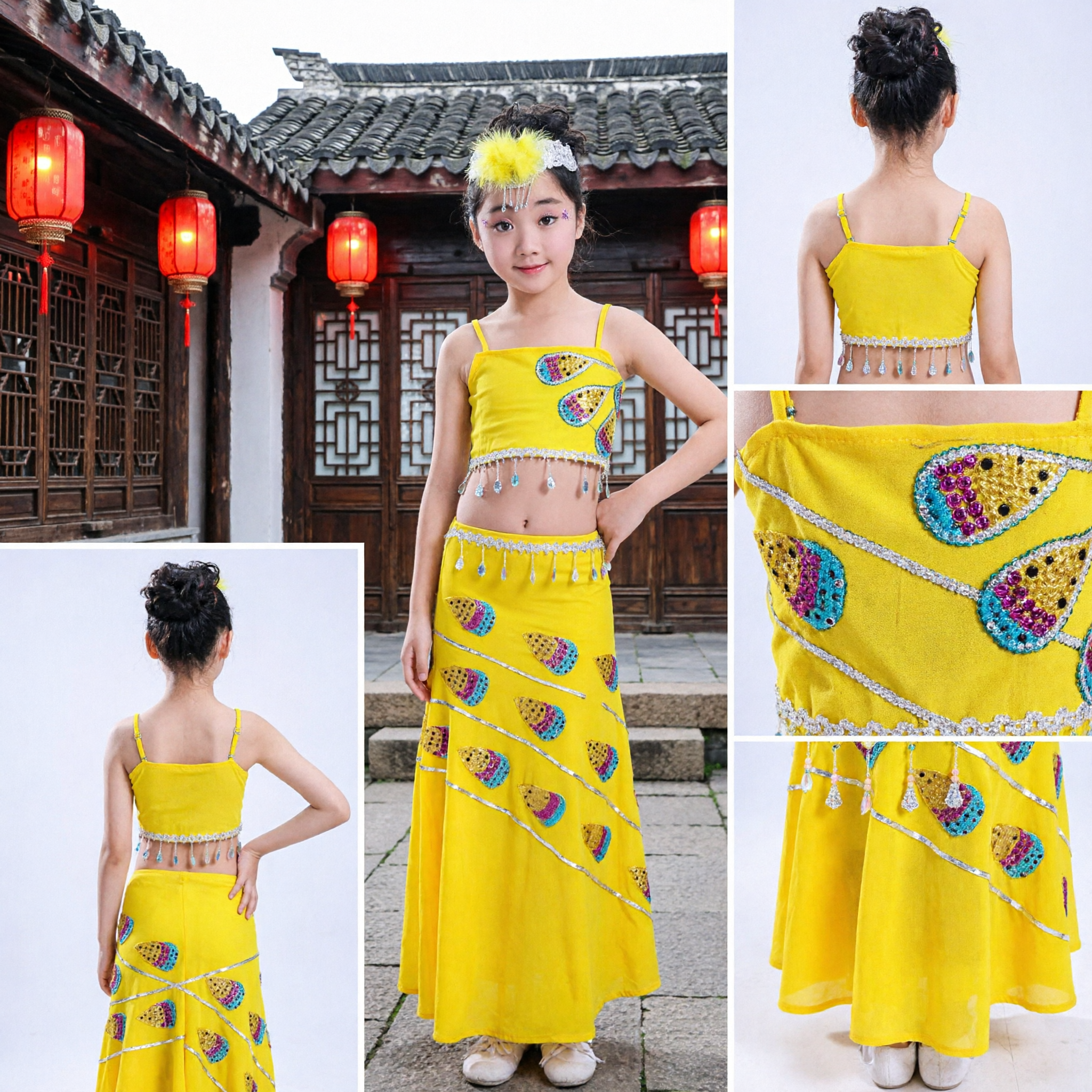 Bright Yellow Dai Minority Peacock Dance Costume Girls Traditional Chinese Ethnic Folk Performance Dress