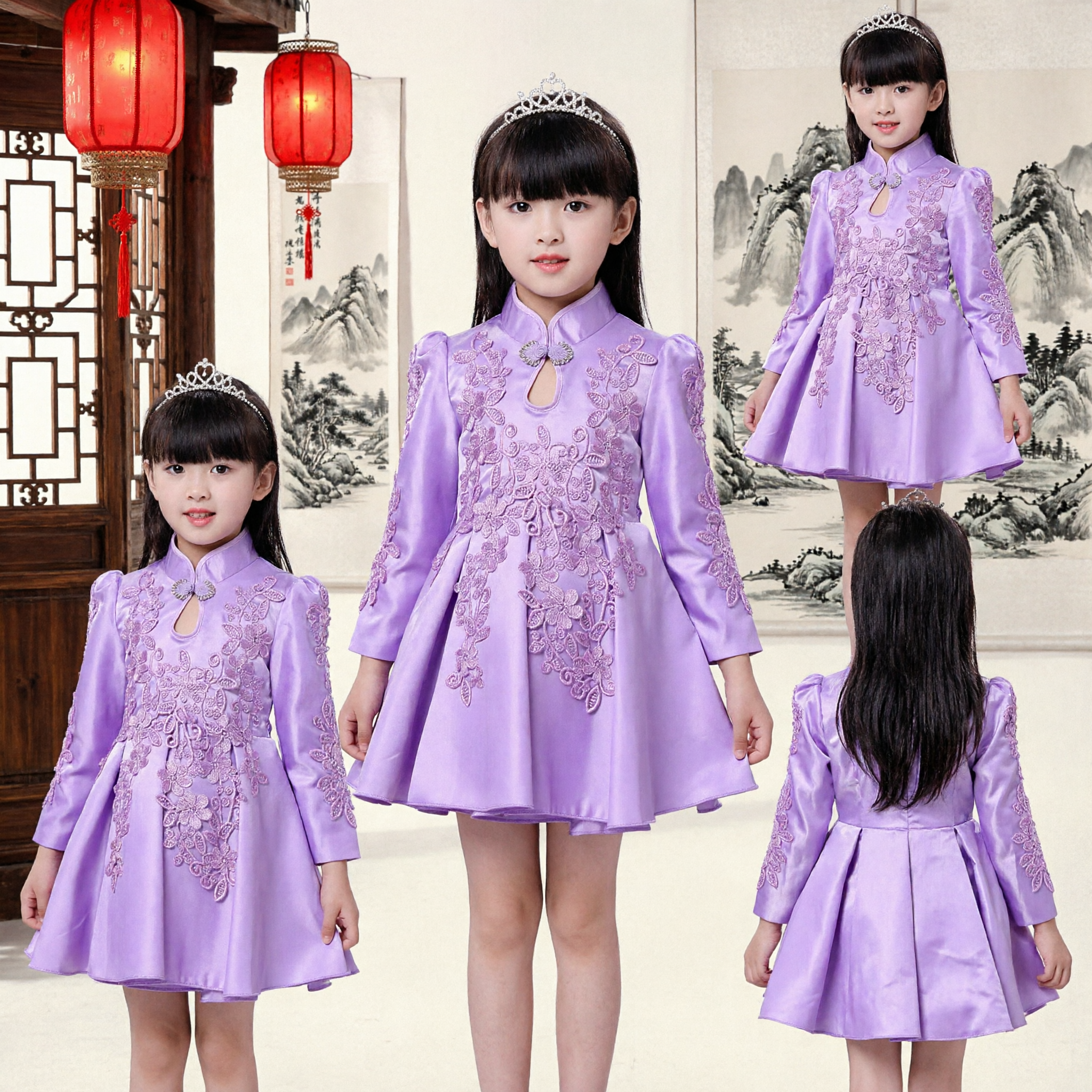 Kids Girls Purple Cheongsam Dress Traditional Chinese Qipao Long Sleeve Embroidery Wedding Party Performance Costume