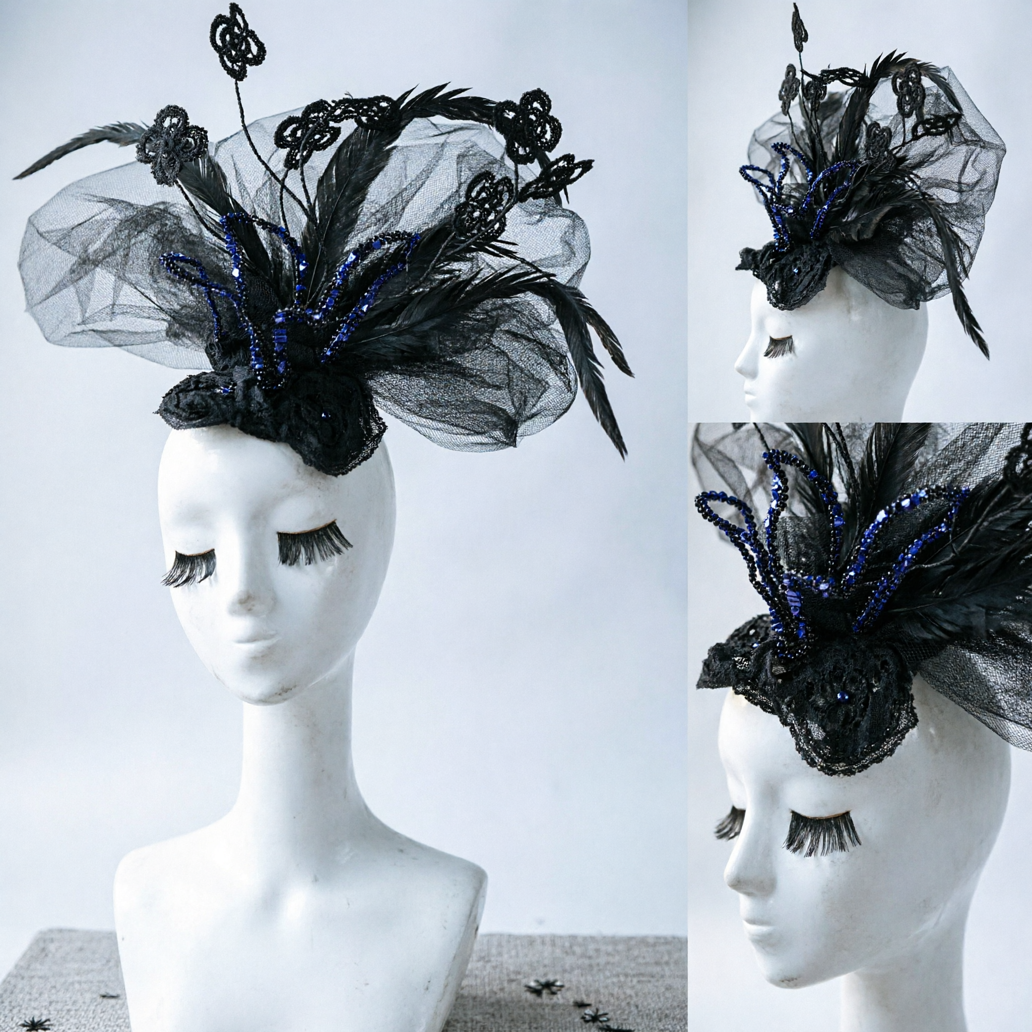 Elegant Black Feather and Tulle Fascinator Headpiece for Women, Featuring Floral Accents for Weddings and Royal Ascot