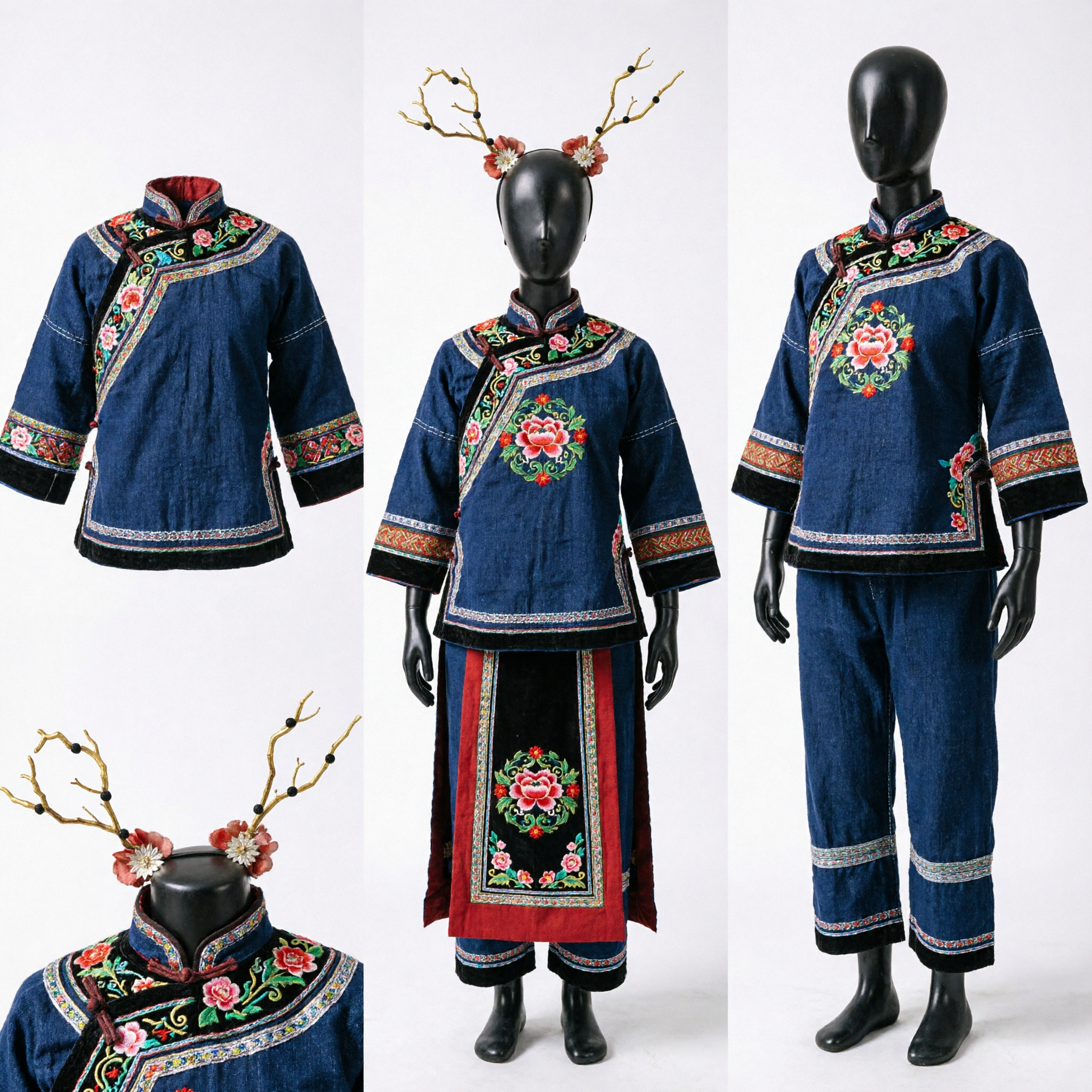 Ancient Chinese Traditional Hanfu Hair Accessory Gold Antler Headpiece with Red Flowers for Women Cosplay