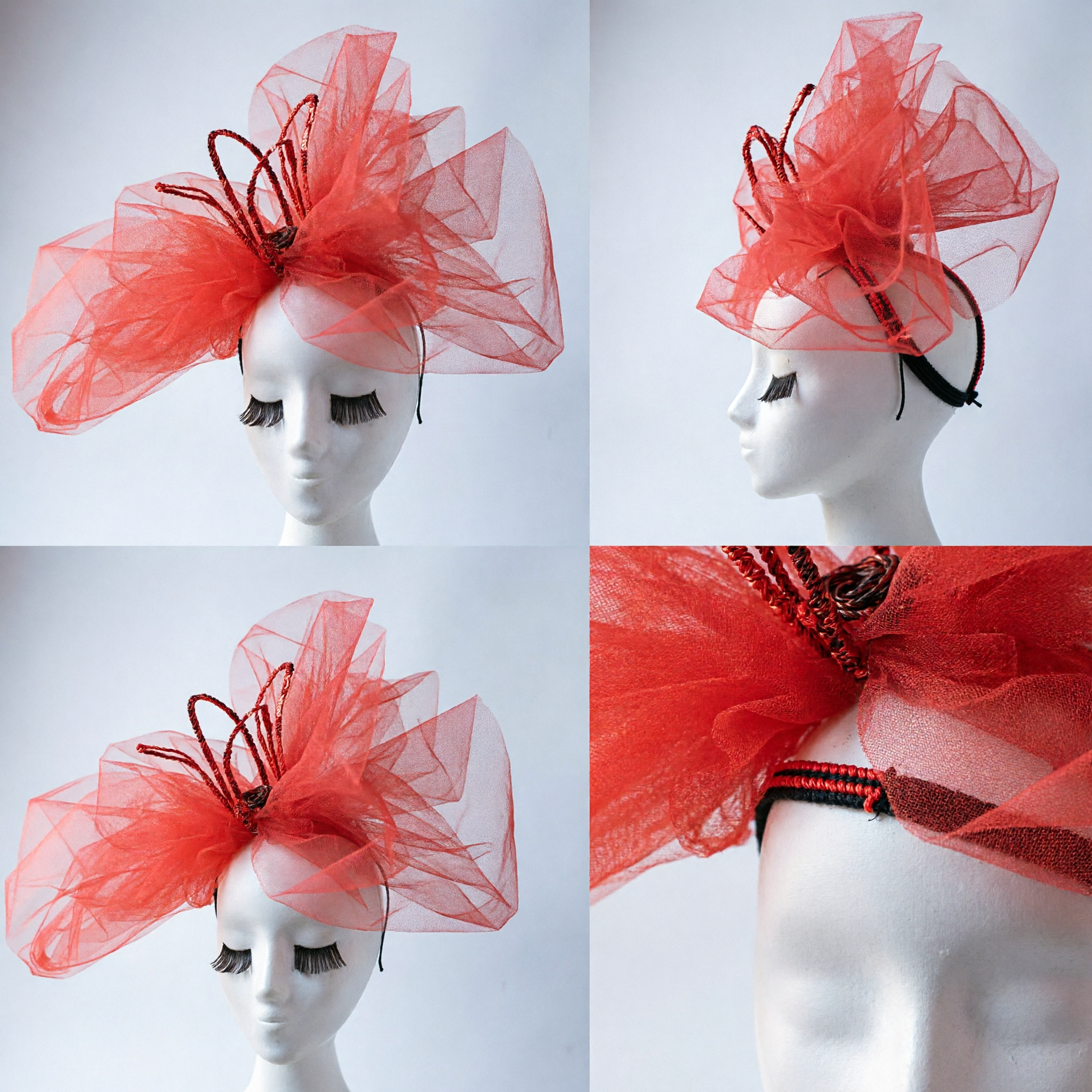 Vibrant Orange Red Tulle Fascinator Headpiece with Beaded Accents for Women Wedding Stage Performance and Cultural Costume Accessory