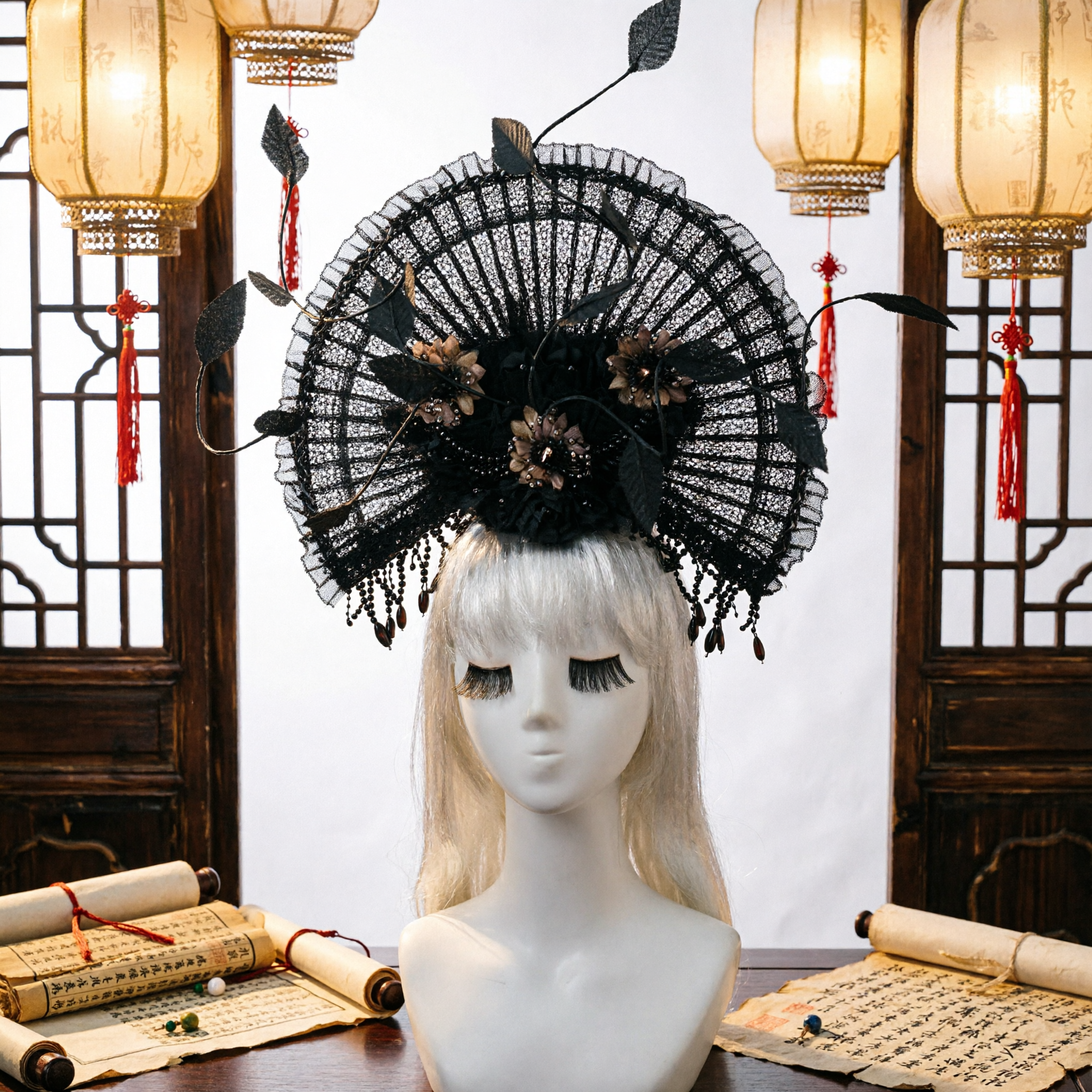 Elegant Black Lace Fan Shaped Hair Fascinator with Floral Accents for Traditional Costume and Weddings