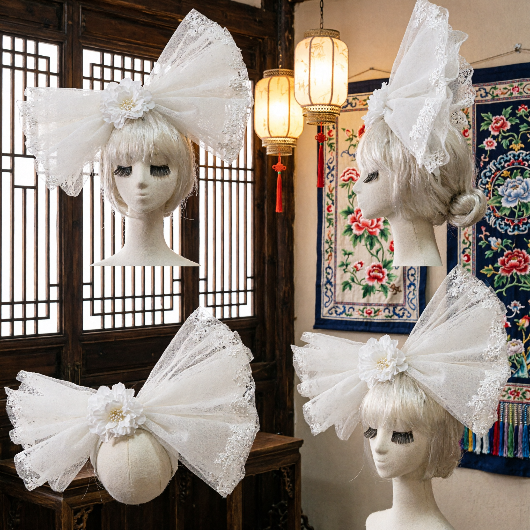 Large White Lace Big Bow Hair Accessory with Floral Centerpiece for Wedding Bride Flower Girl Princess Headpiece