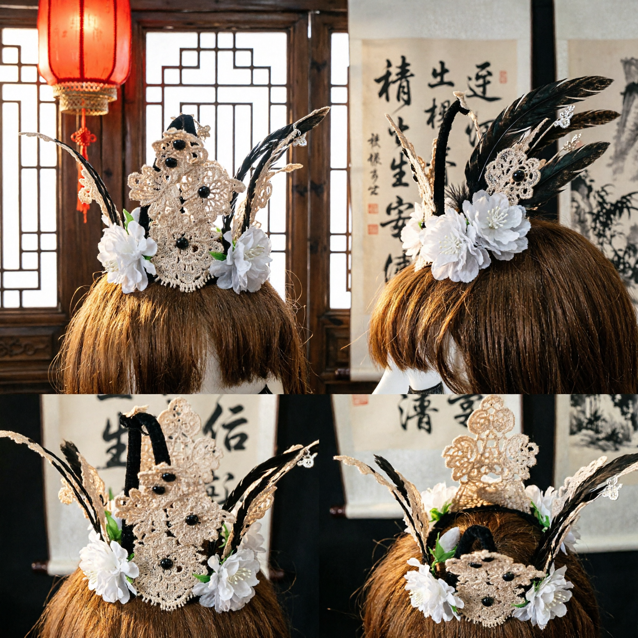Elegant Baroque Gold Lace Feather Hair Headpiece with White Flowers for Women Cosplay Wedding Party Accessory