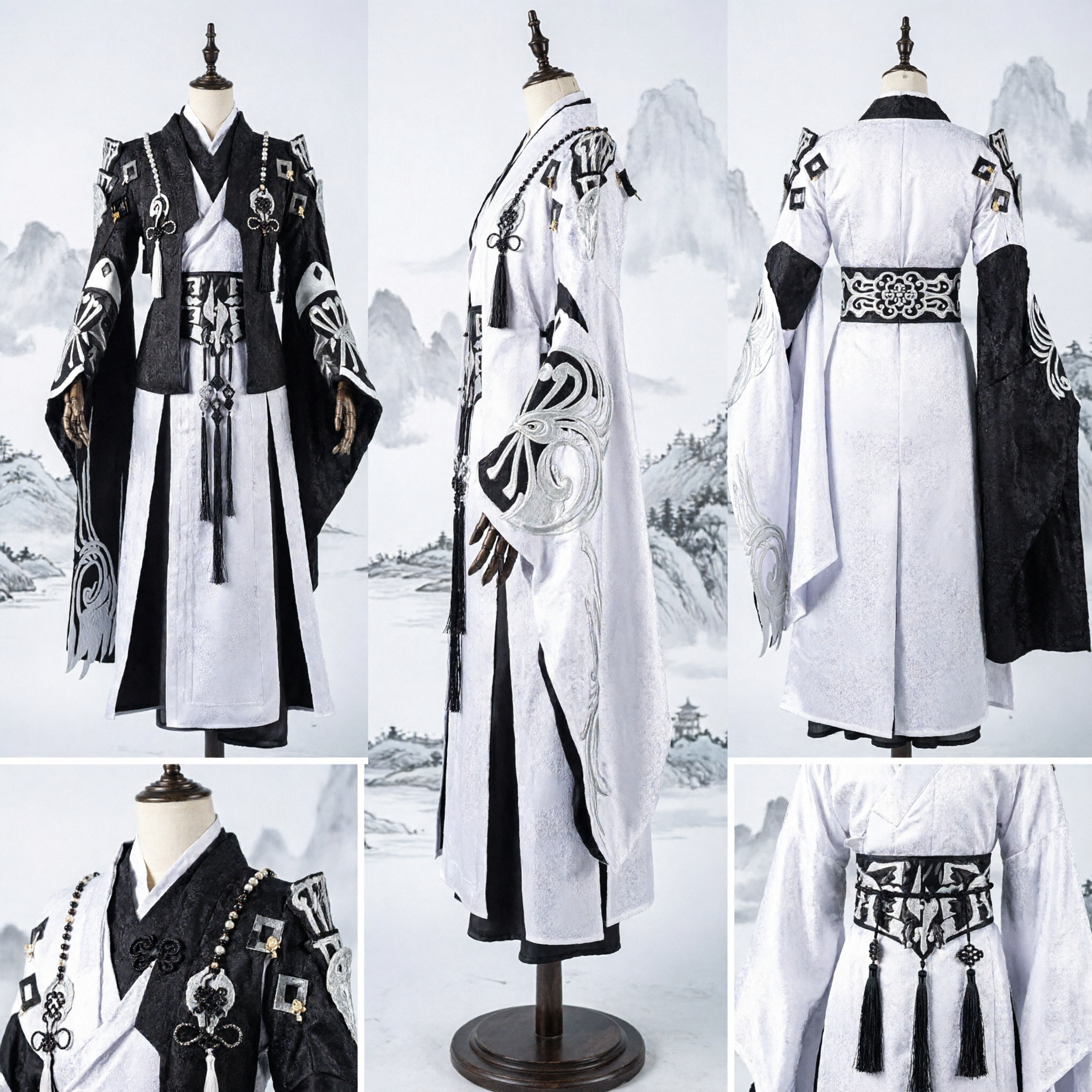 Traditional Chinese Ancient Swordsman Hanfu Costume Black and White Wuxia Cosplay Outfit for Men