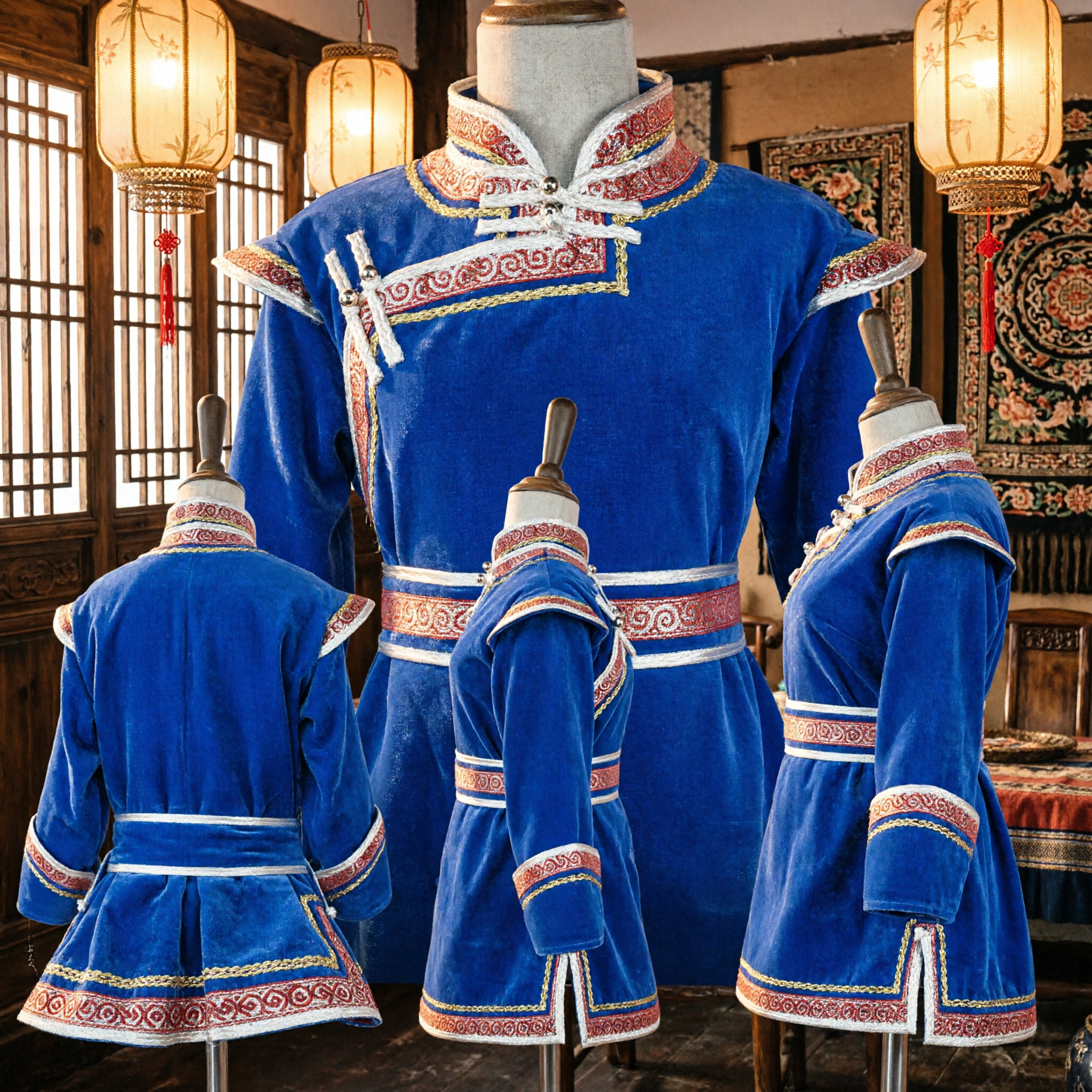 Traditional Blue Velvet Mongolian Ethnic Dance Costume Chinese Folk Dress for Women Stage Performance