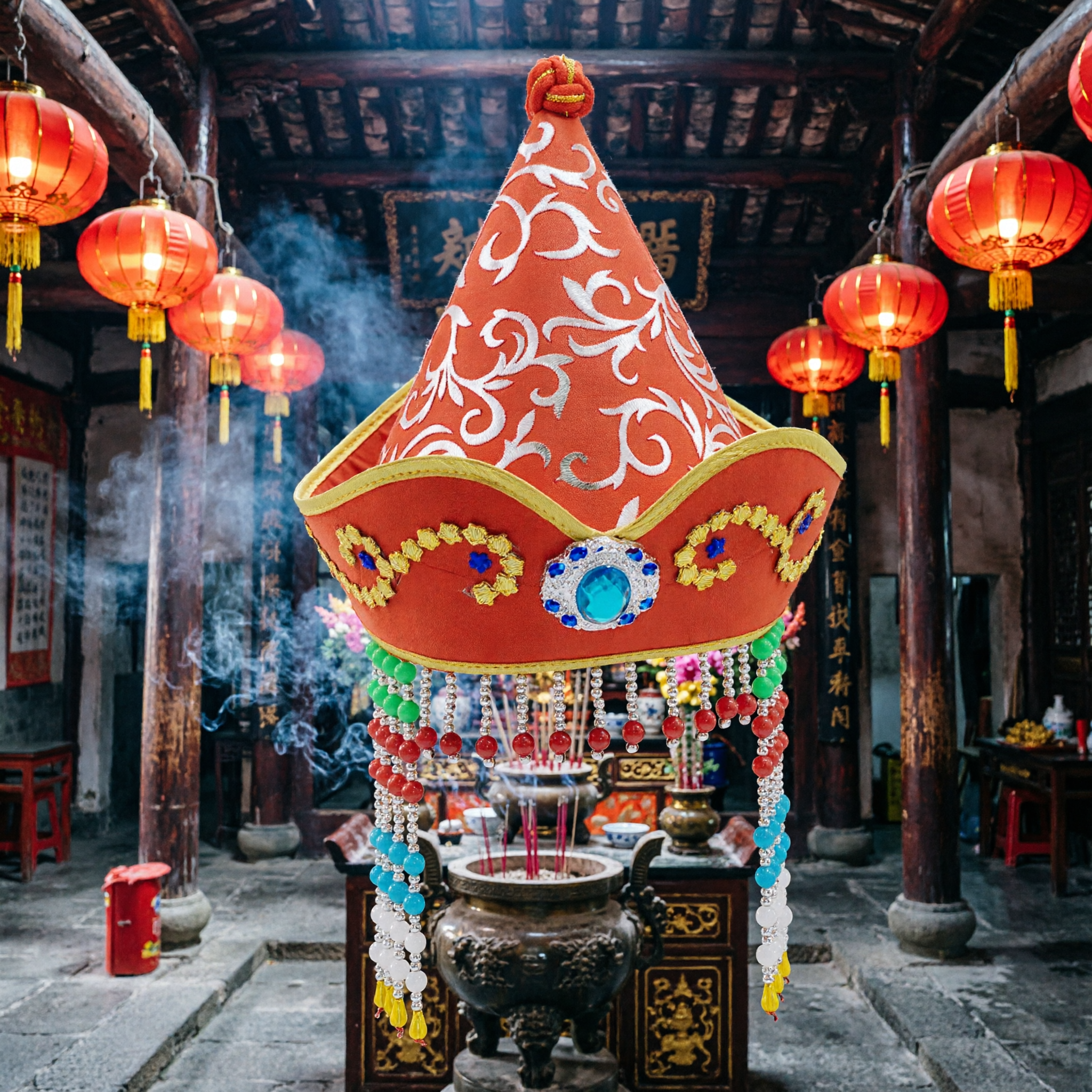 Traditional Chinese Ethnic Orange Conical Hat with Blue Gem and Beaded Fringe for Women's Folk Dance Performance