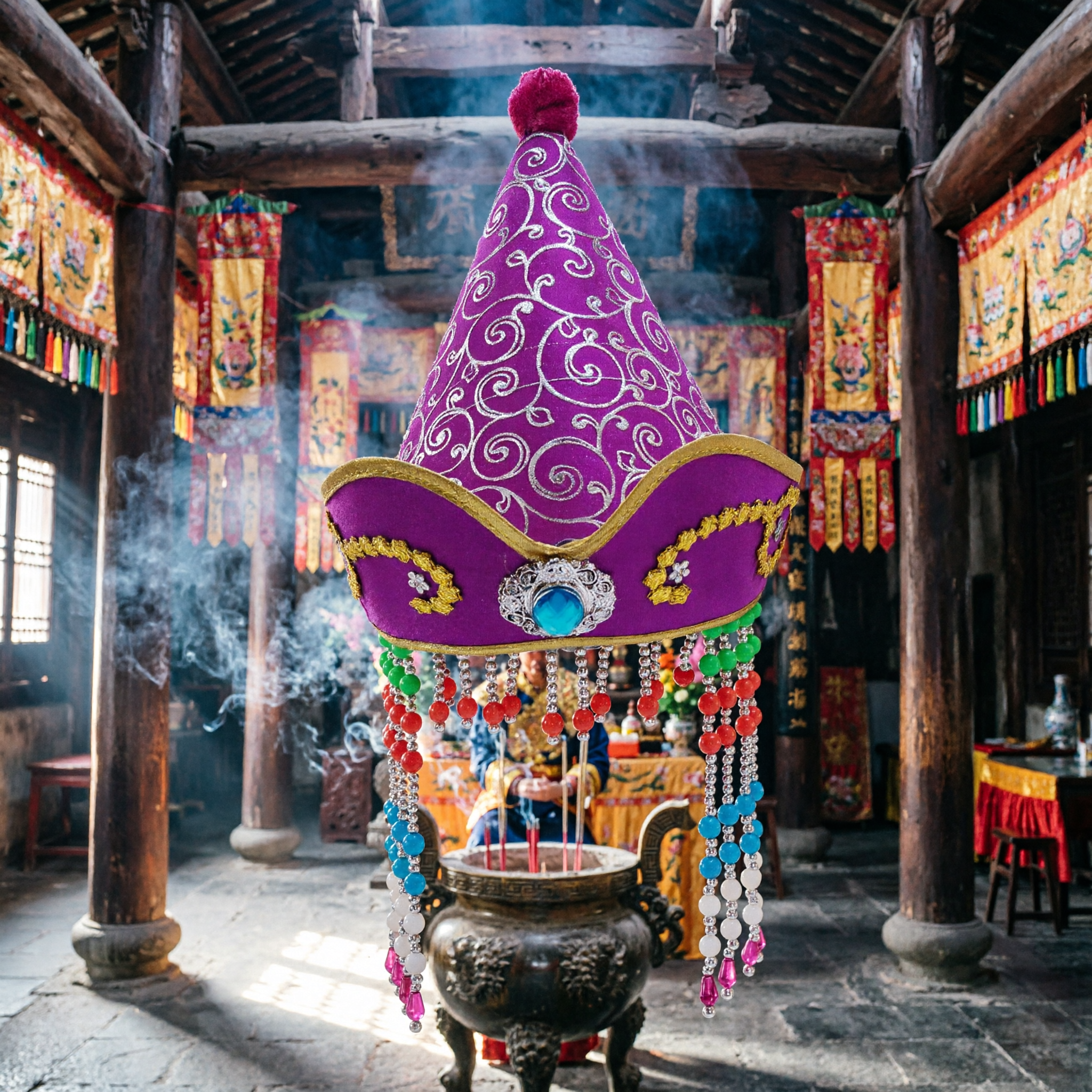 Purple Chinese Ethnic Minority Folk Dance Hat with Embroidery and Beaded Tassels for Stage Performance