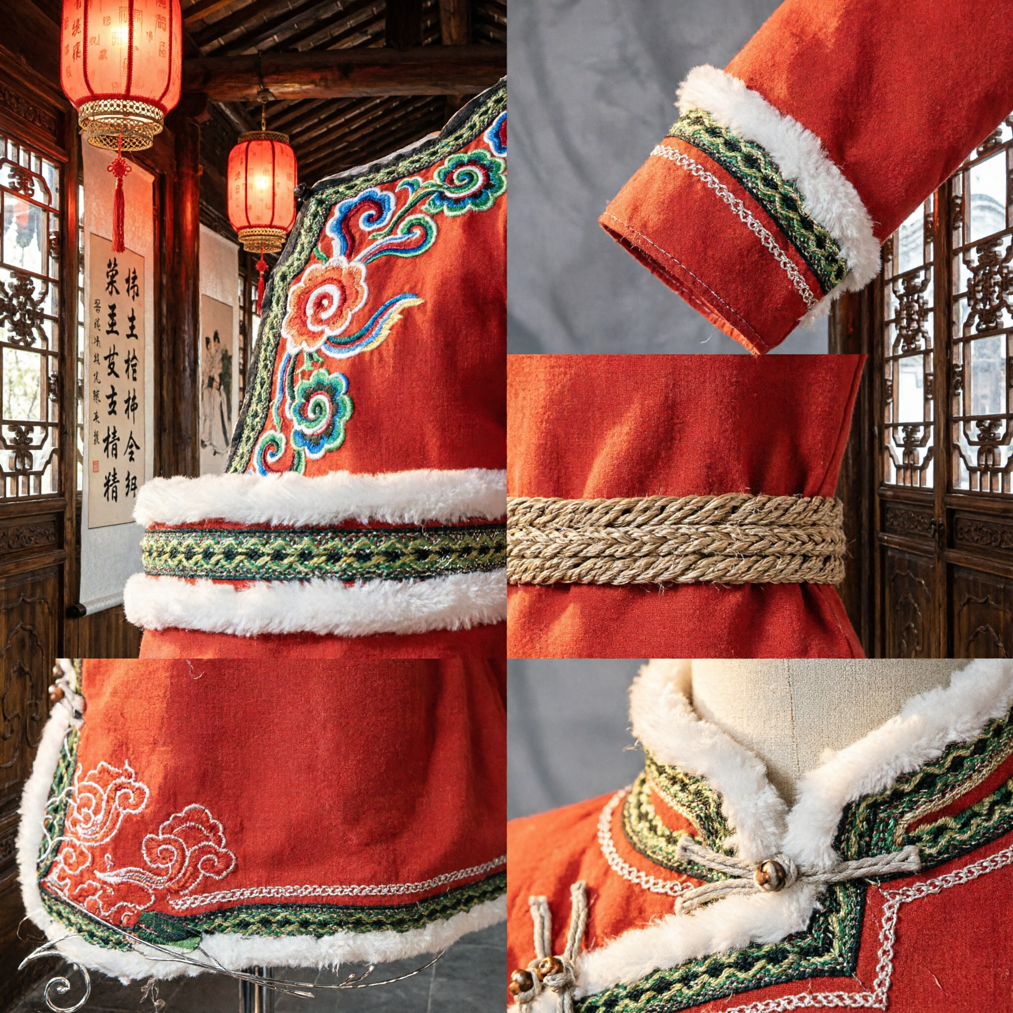 Traditional Chinese Mongolian Ethnic Red Costume for Kids with Fur Trim Embroidery Folk Dance Performance