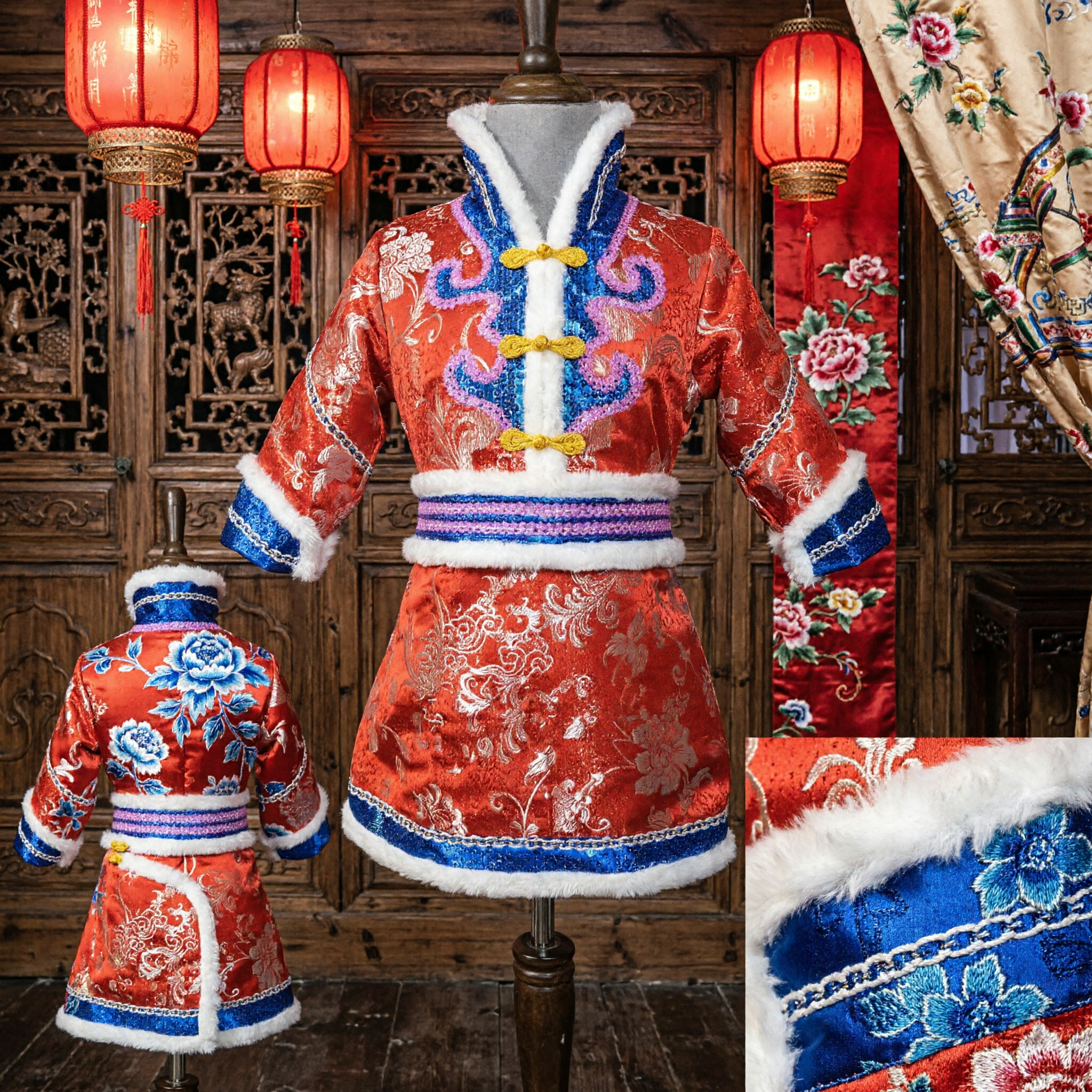 Kids Traditional Chinese Mongolian Folk Dance Costume Red Brocade Robe with Fur Trim Ethnic Performance Outfit