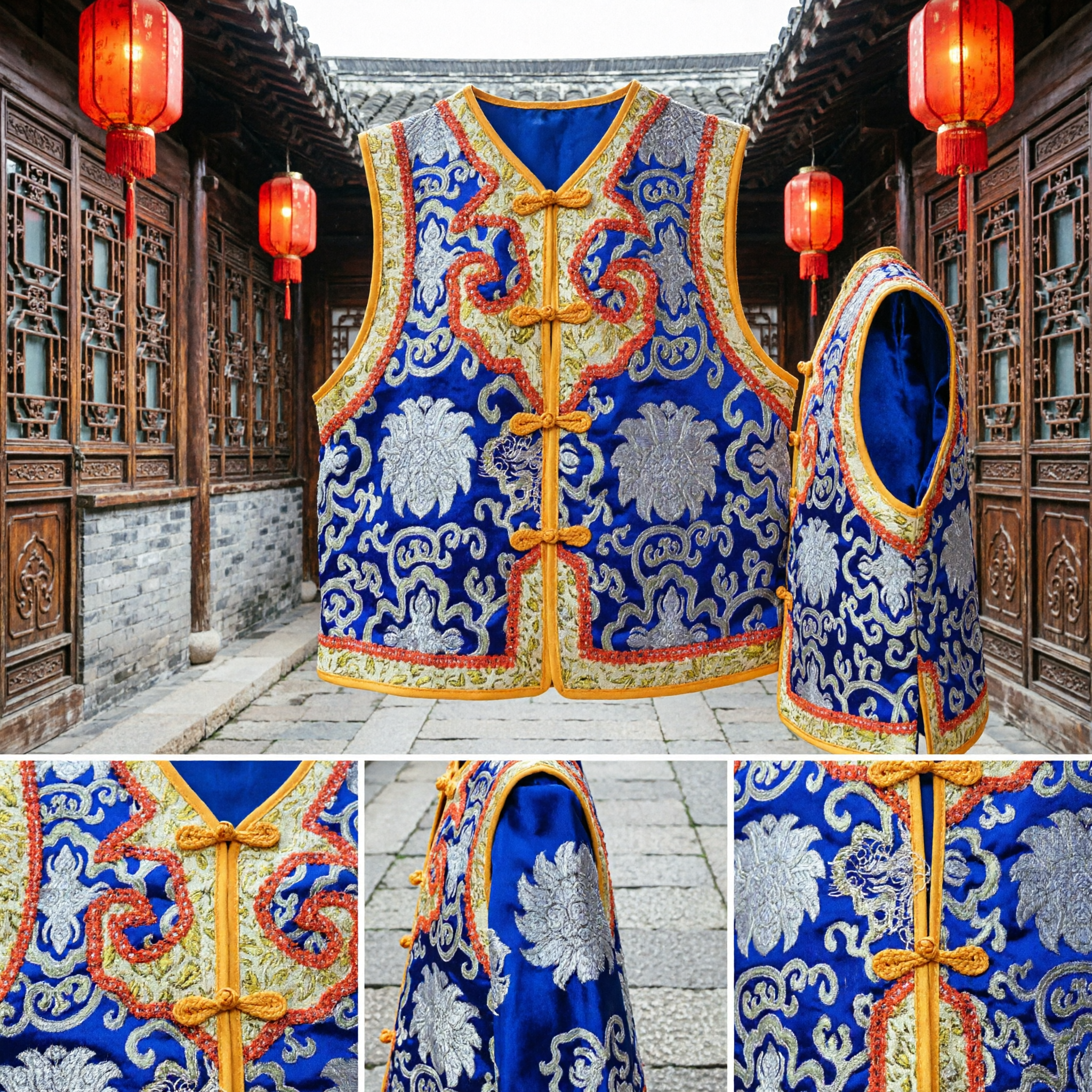 Traditional Chinese Blue Silk Brocade Vest Tang Suit Waistcoat for Men Women Festival Performance Costume