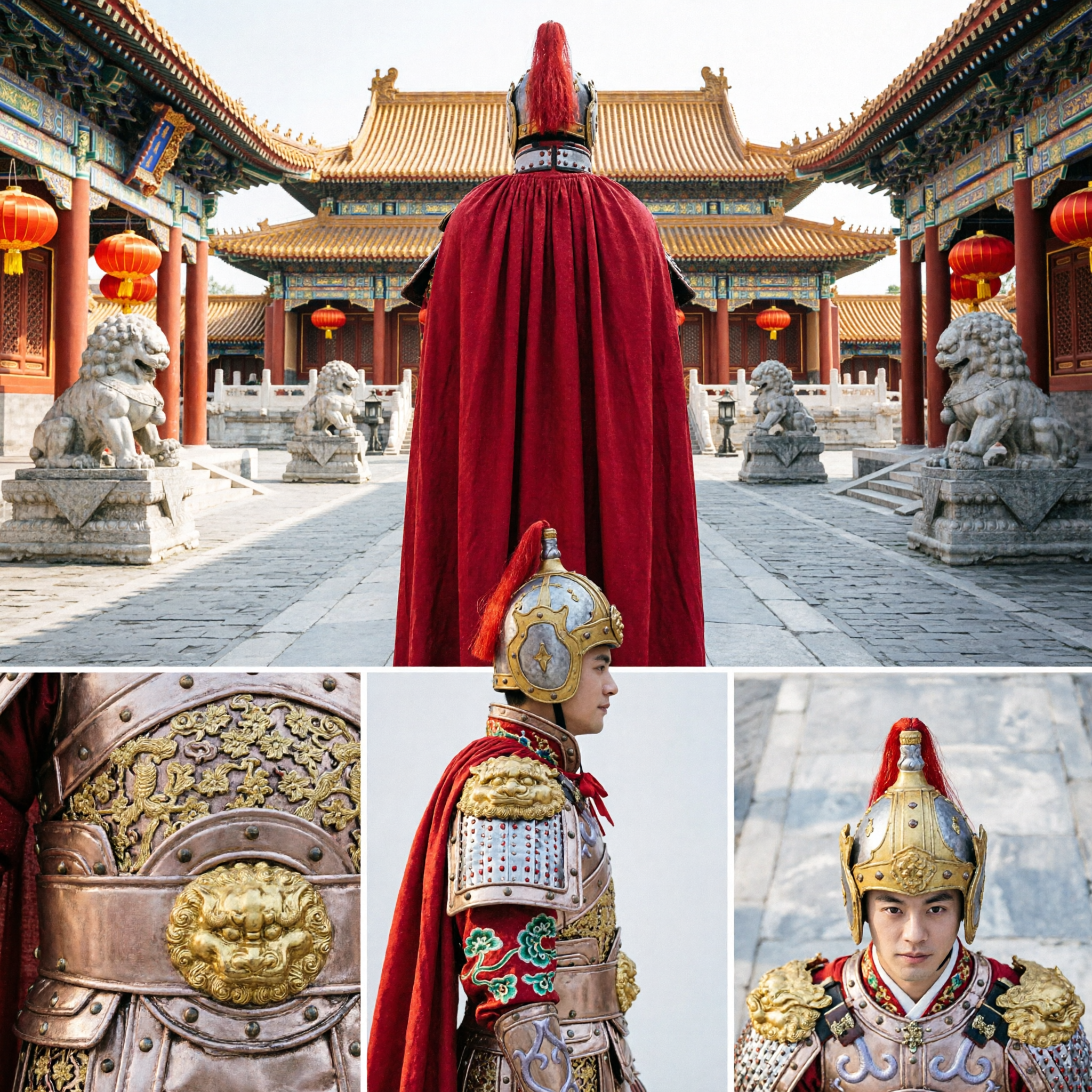 Men's Traditional Chinese General Armor Costume Ancient Warrior Outfit with Red Cape for Cosplay