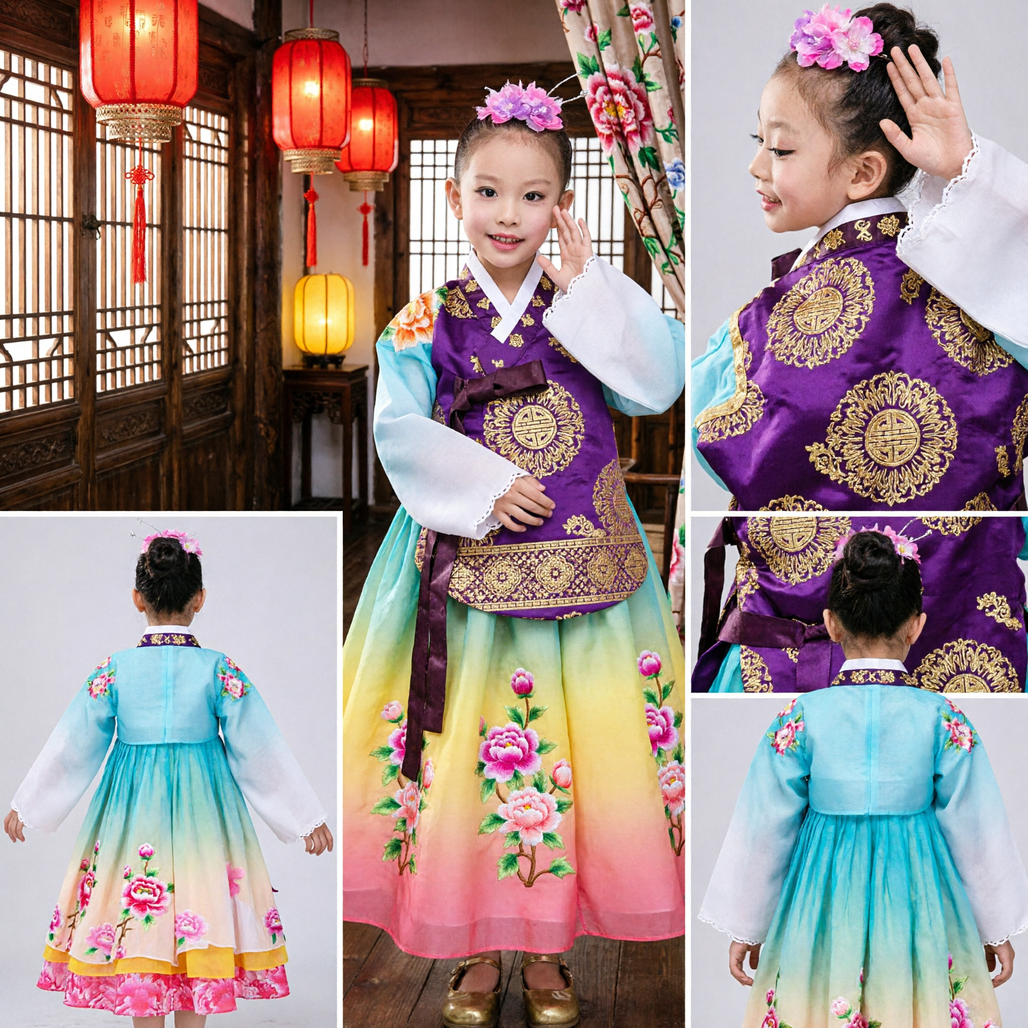 Kids Girls Traditional Korean Hanbok Dance Costume Colorful Gradient Floral Stage Performance Dress Outfit