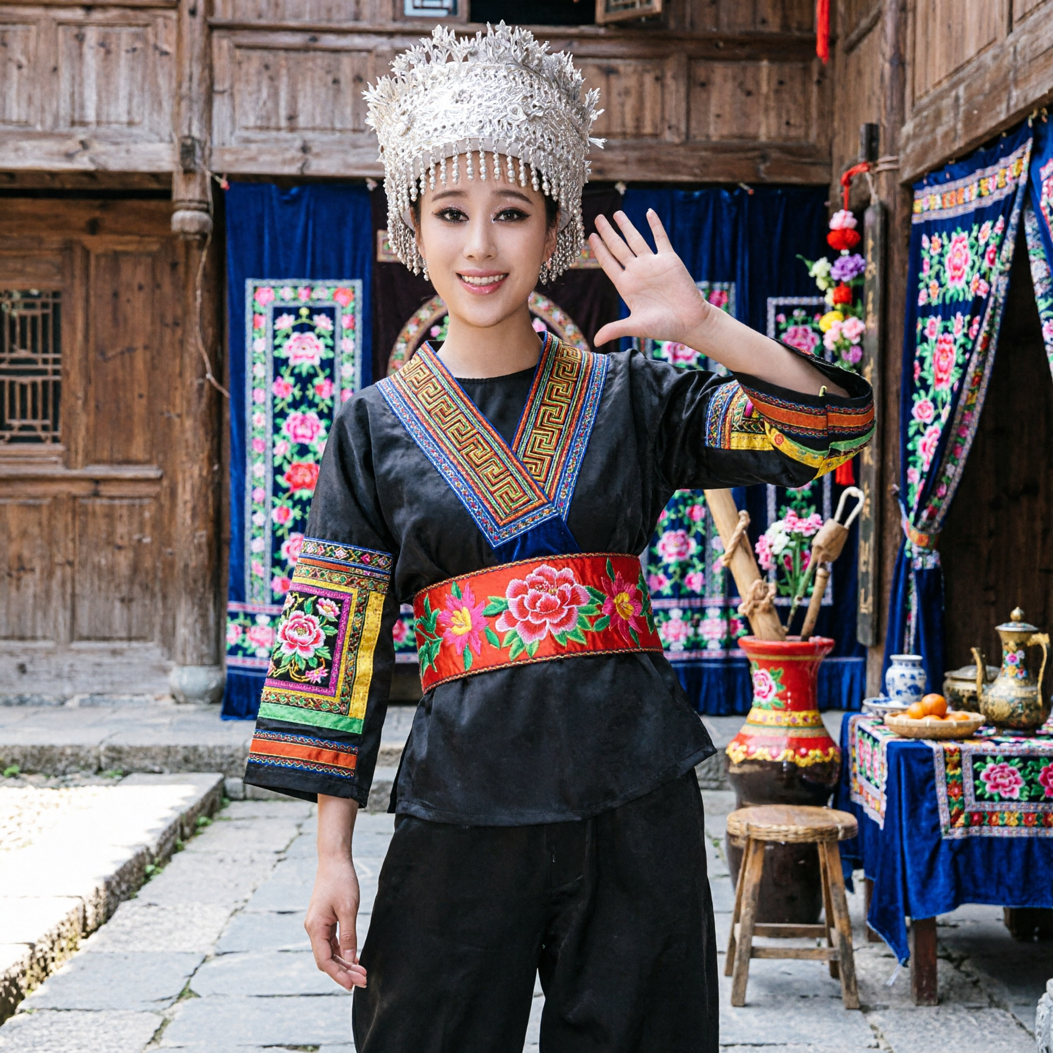 Authentic Traditional Chinese Miao Minority Ethnic Dance Costume for Women featuring Black Embroidery and Silver Headdress