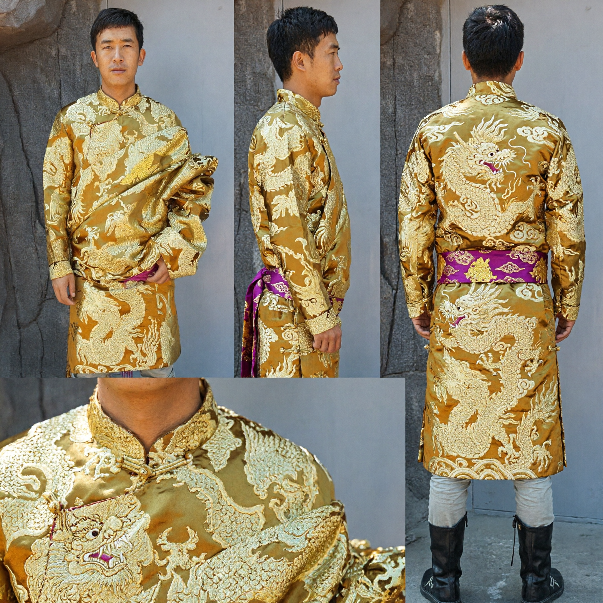 Men's Traditional Tibetan Chuba Robe Gold Dragon Brocade Ethnic Costume for Stage Performance and Cultural Events