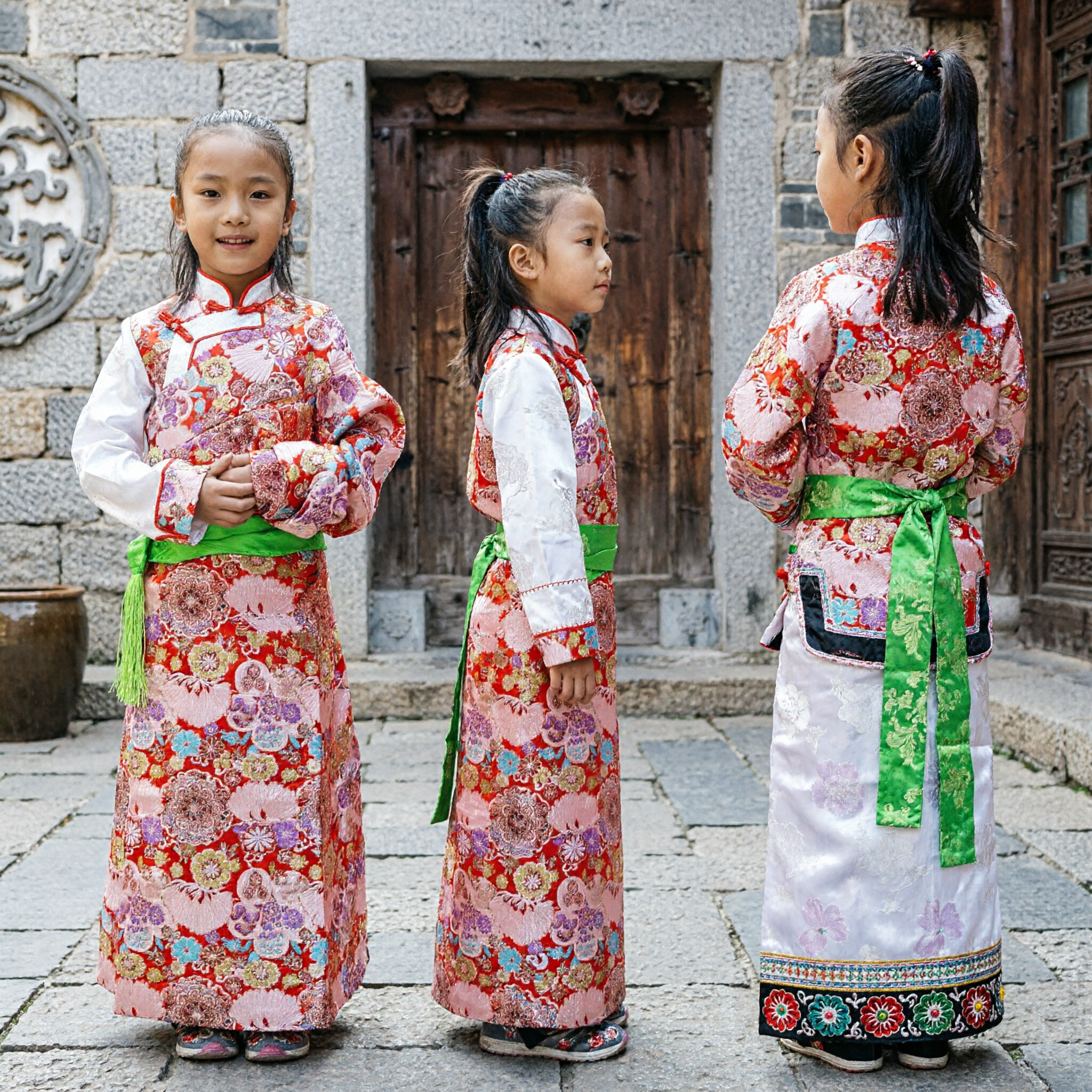 Traditional Korean Hanbok for Kids Girls Red Floral Wedding Dress Cultural Performance Costume