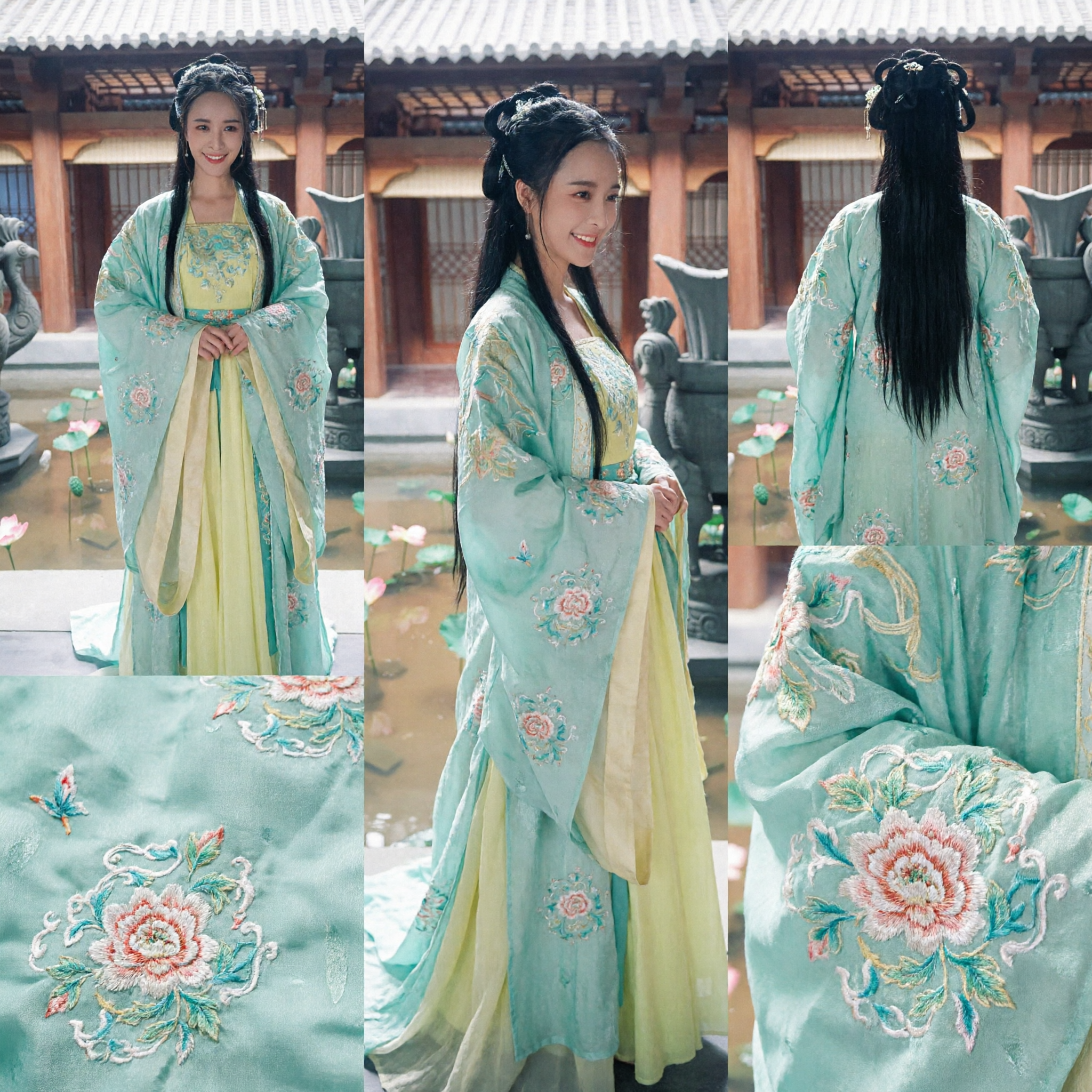 Traditional Chinese Hanfu Costume Women Ancient Princess Green Embroidered Robe Yellow Skirt Tang Dynasty Dress