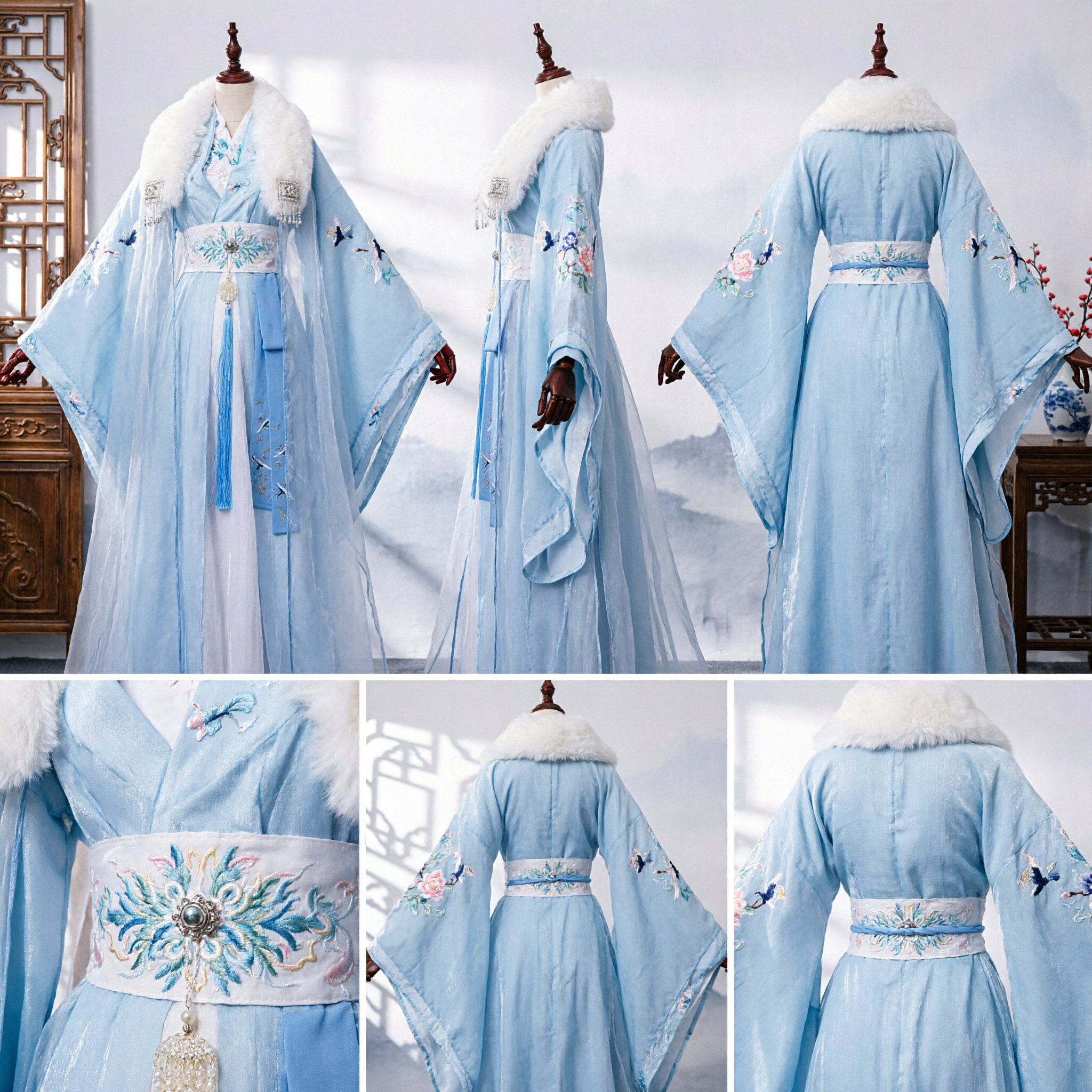 Traditional Chinese Hanfu Ancient Princess Costume Blue Embroidered Cloak with Fur Collar for Women Cosplay