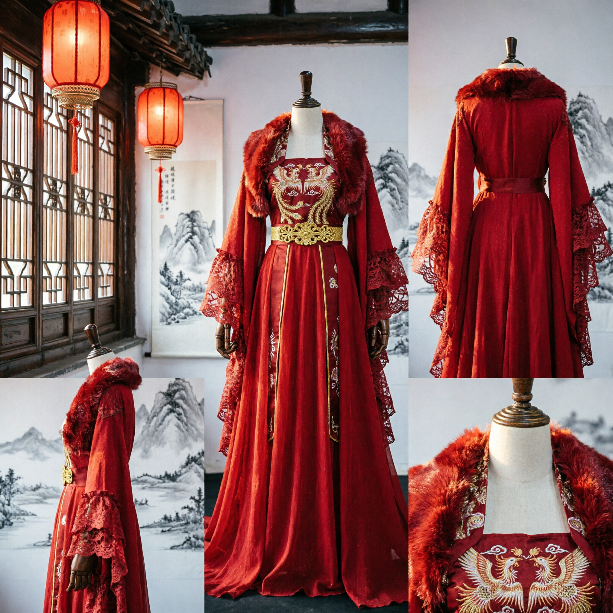 Traditional Chinese Red Hanfu Wedding Dress Ancient Princess Costume with Fur Trim Cloak for Women