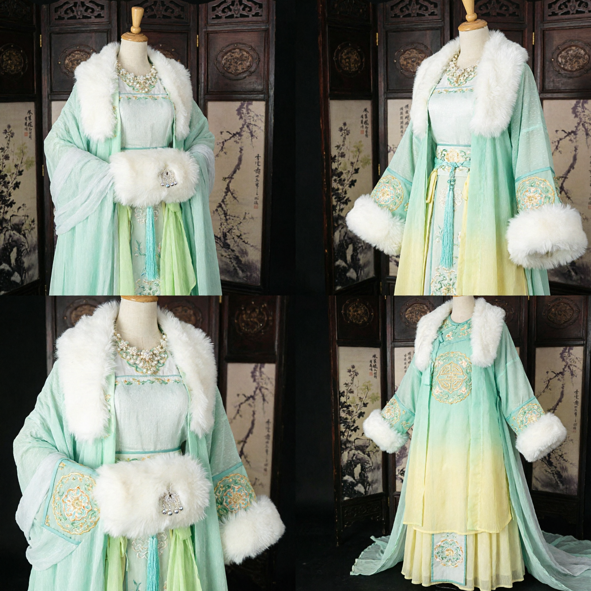 Traditional Chinese Hanfu Winter Costume Pale Green Ancient Princess Dress with White Fur Trim for Women Cosplay