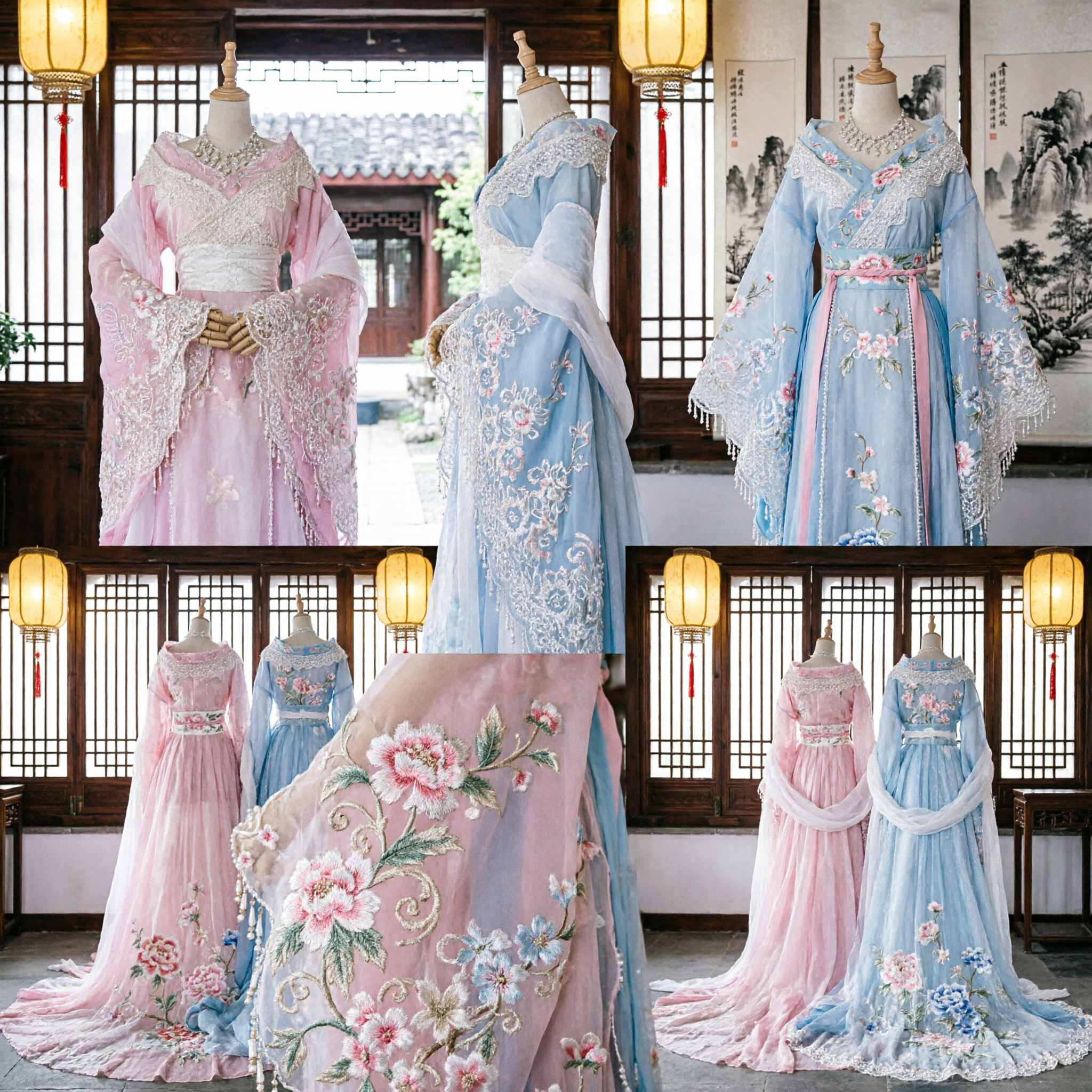 Traditional Chinese Hanfu Ancient Fairy Dress Pink Blue Embroidered Gown for Women Cosplay Stage Performance