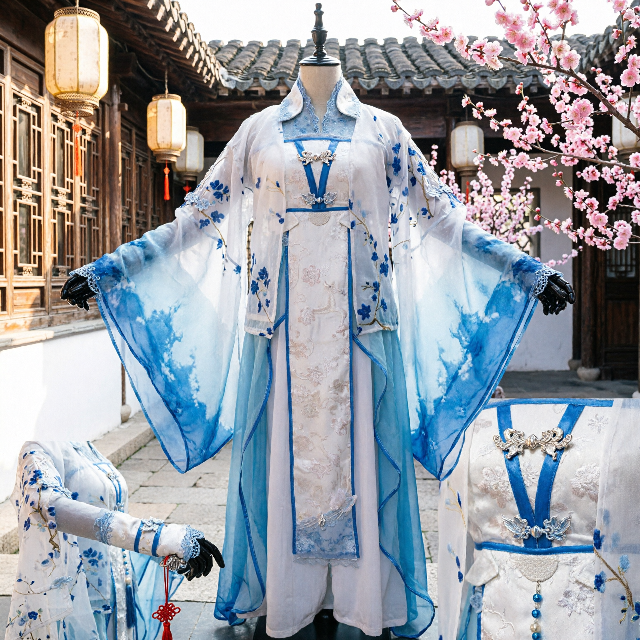 Traditional Chinese Hanfu Ancient Swordsman Costume Blue and White Floral Embroidered Robe for Men Cosplay Performance