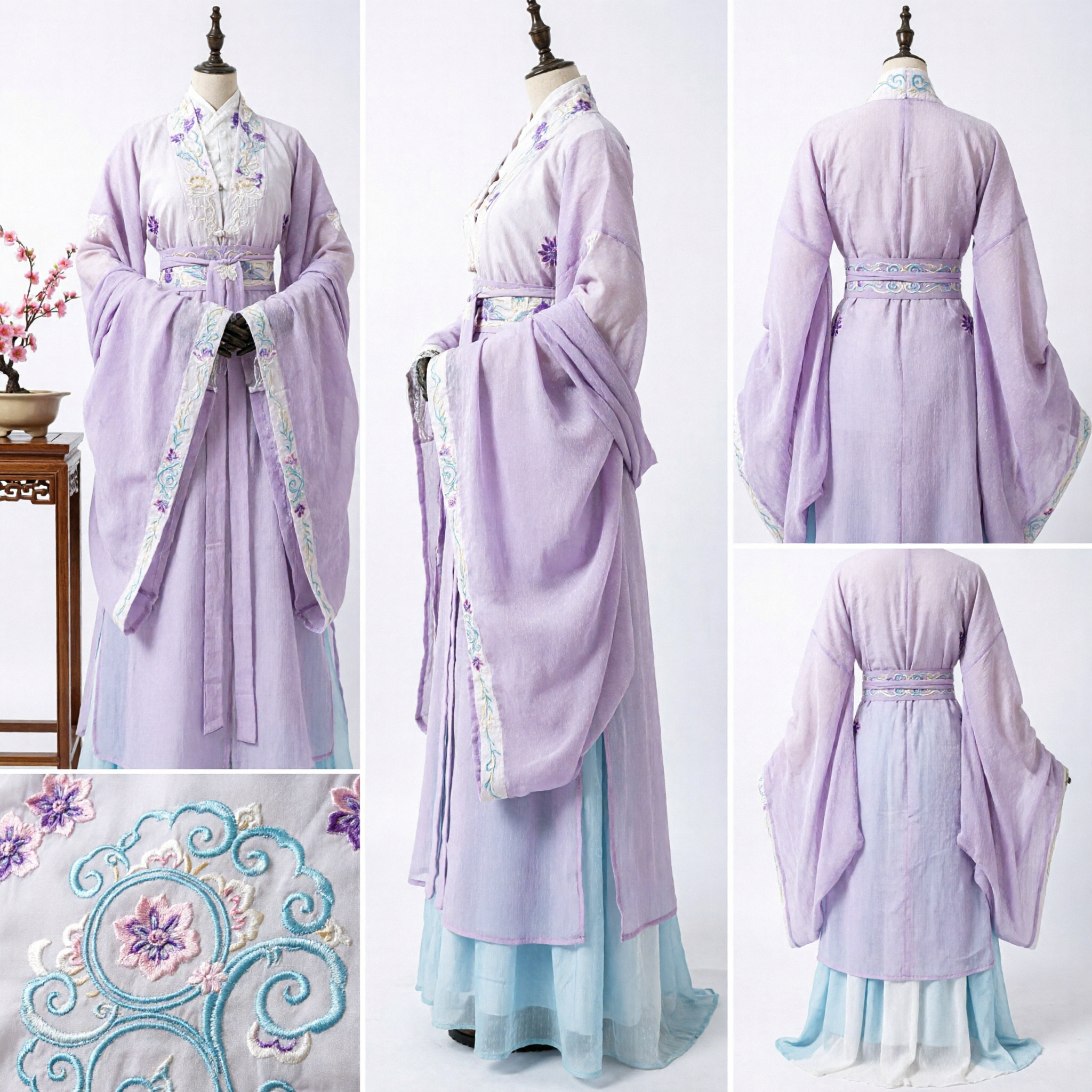 Traditional Chinese Hanfu Costume Ancient White and Purple Fairy Dress Embroidery Long Sleeve for Women