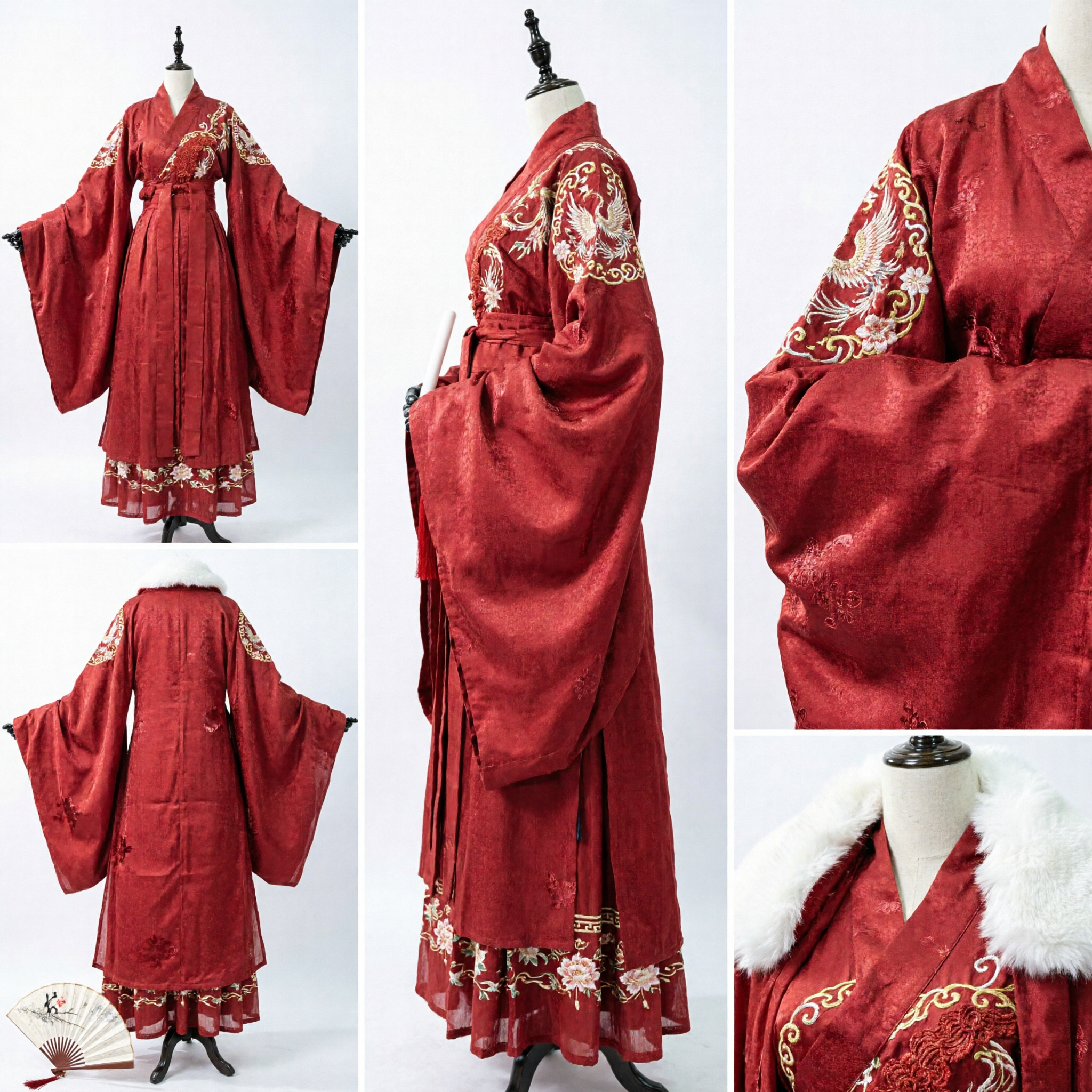 Traditional Red Chinese Hanfu Cloak with White Fur Collar Ancient Costume for Women Cosplay and Performance