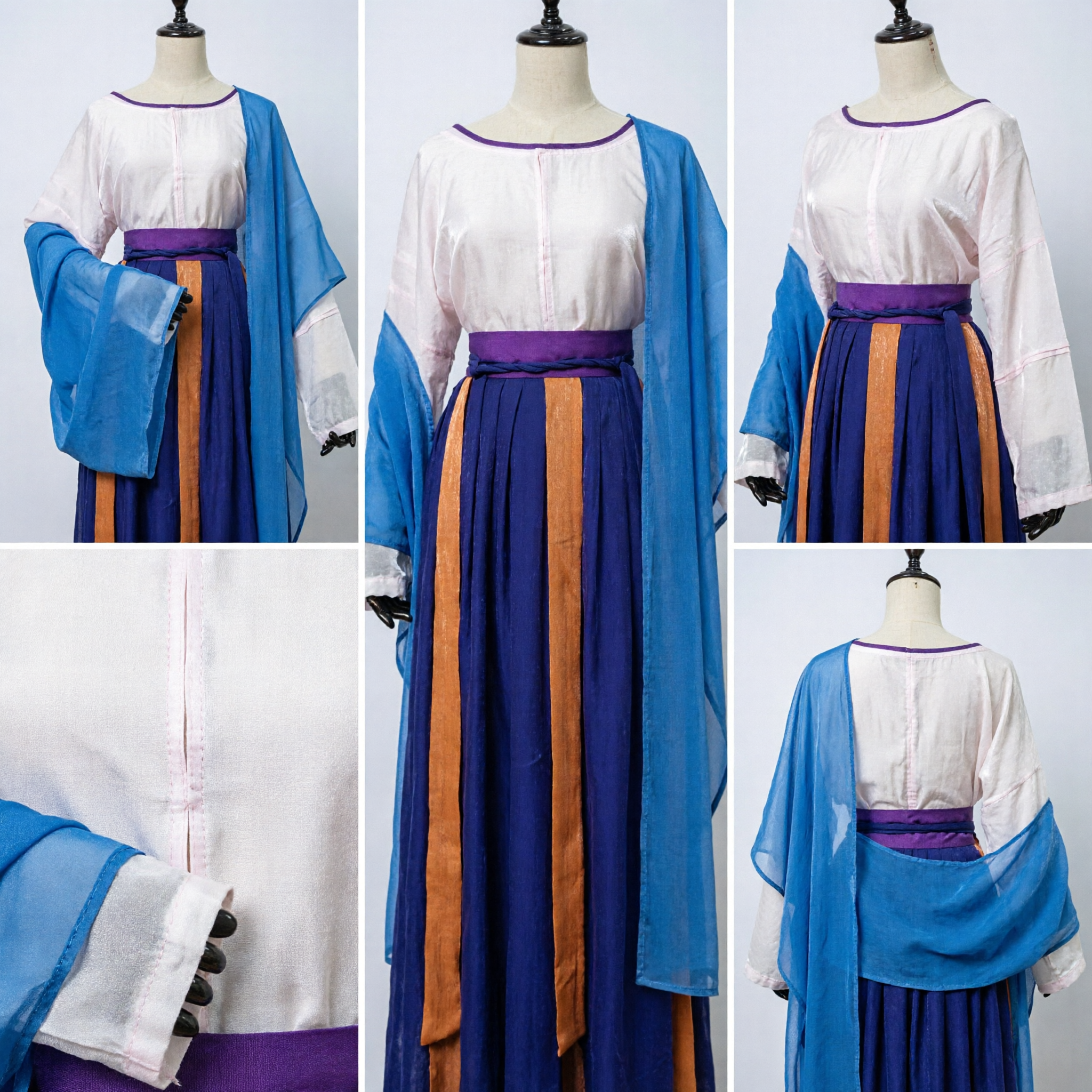 Traditional Chinese Hanfu Ancient Costume Tang Dynasty Princess Fairy Dress White Top Blue Skirt Set for Women
