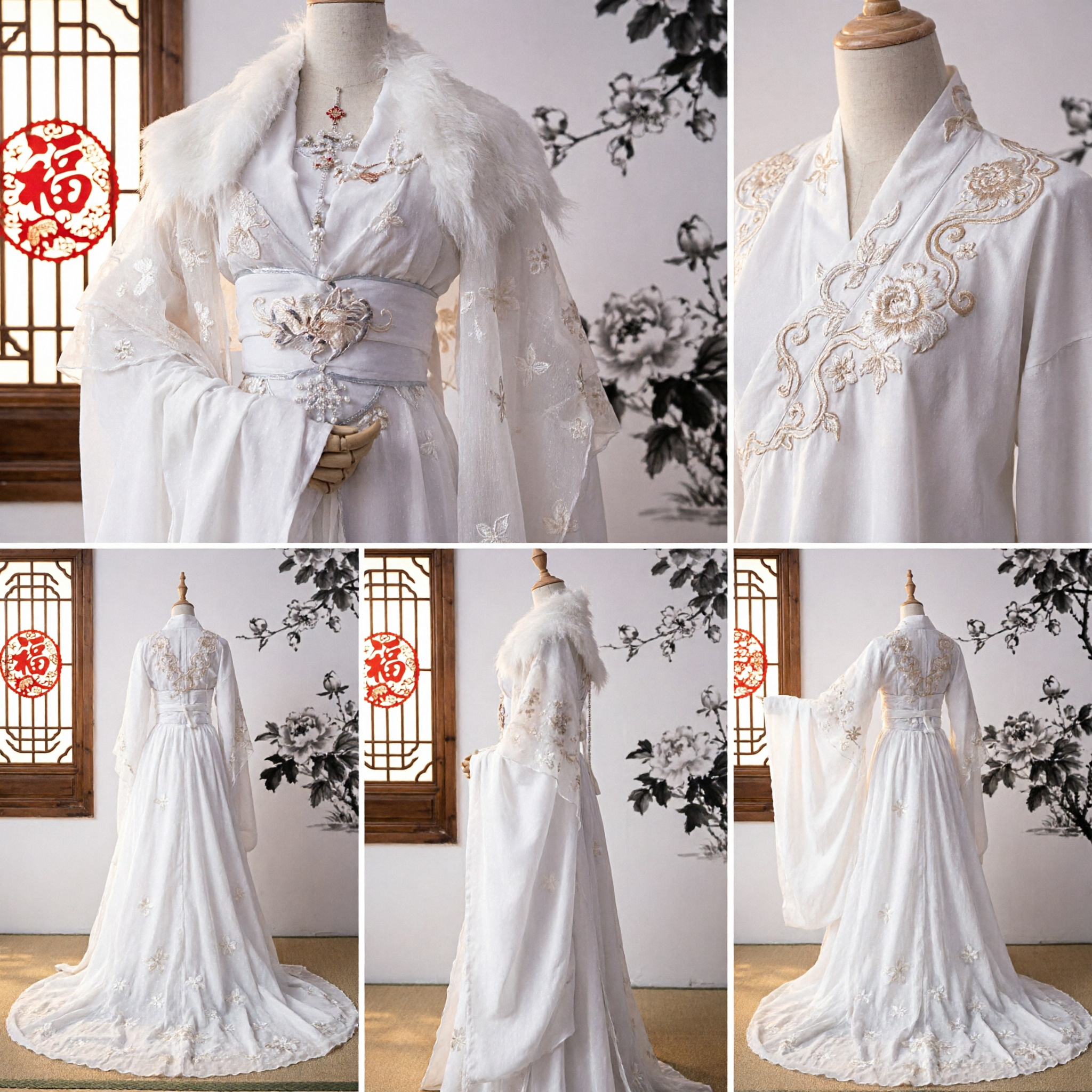 Elegant White Chinese Hanfu Traditional Costume Ancient Fairy Dress with Fur Collar Embroidery for Women