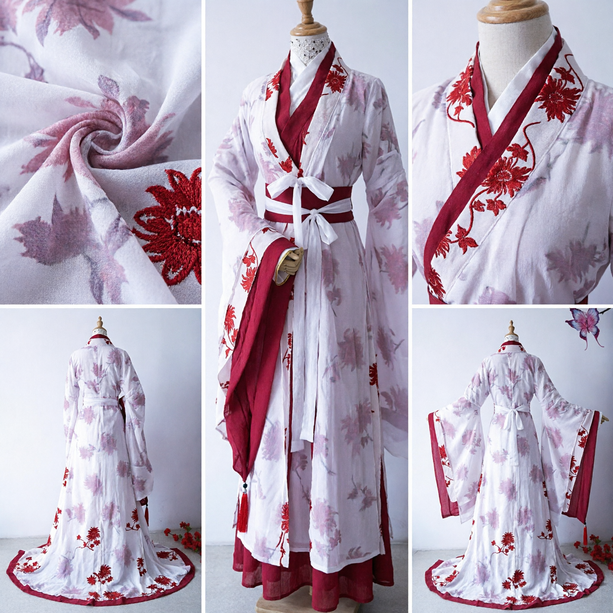 Elegant Ancient Chinese Hanfu Costume White and Red Floral Robe Traditional Dress for Women Cosplay Performance