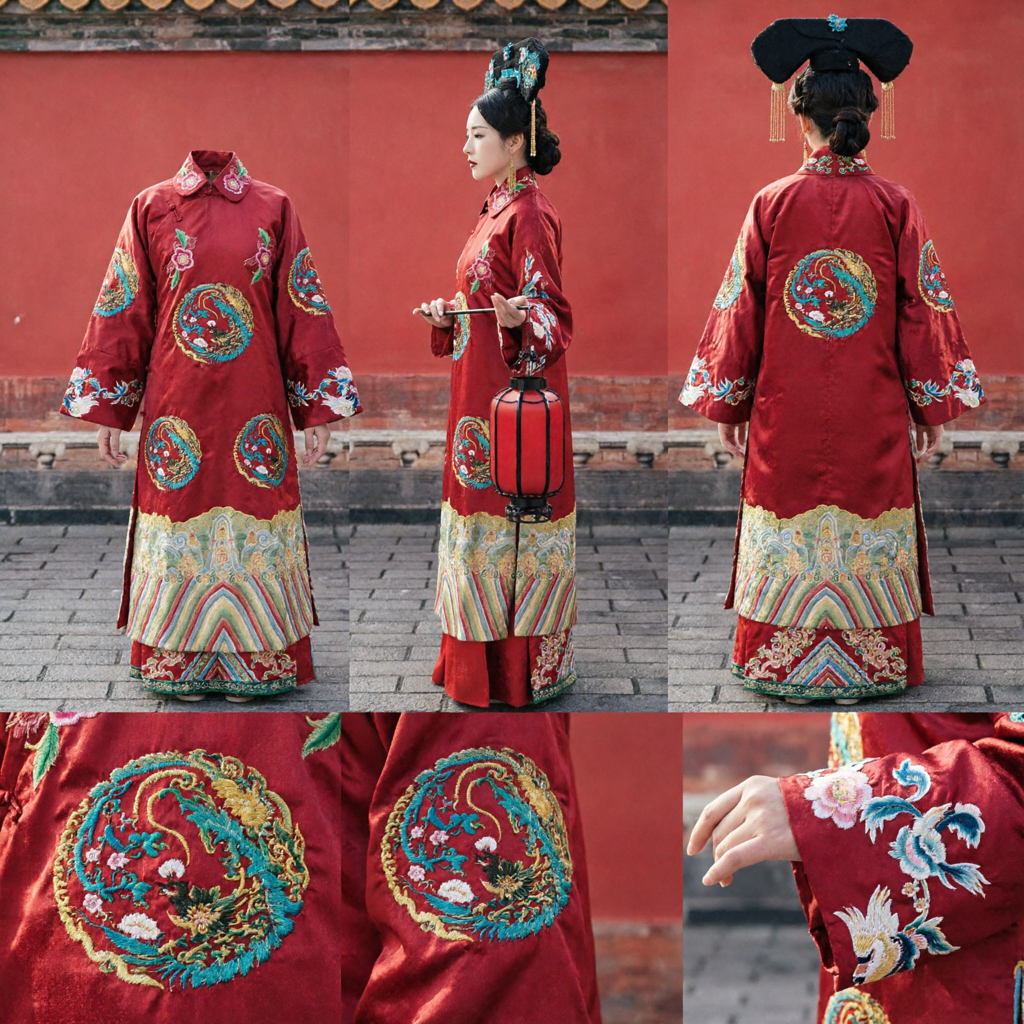 Ancient Chinese Qing Dynasty Empress Costume Red Dragon Embroidery Qizhuang Traditional Wedding Dress for Women