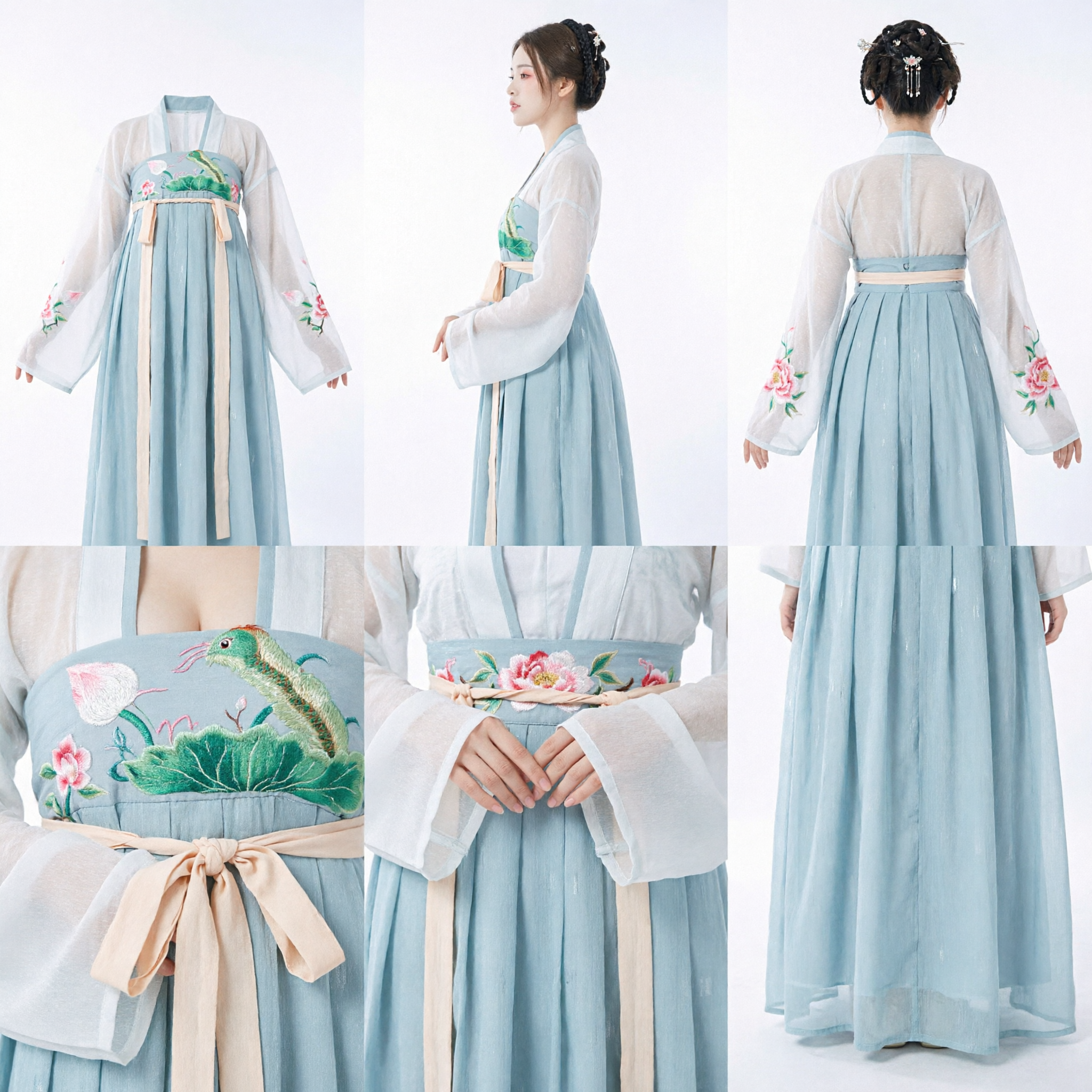 Elegant Traditional Chinese Hanfu Dress Ancient Fairy Costume Blue Lotus Print Chiffon Robe for Women