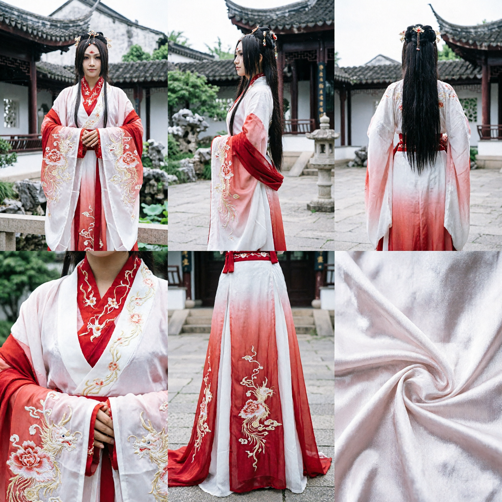 Traditional Chinese Hanfu Ancient Swordsman Costume Red and White Gradient Robe for Men Cosplay Performance
