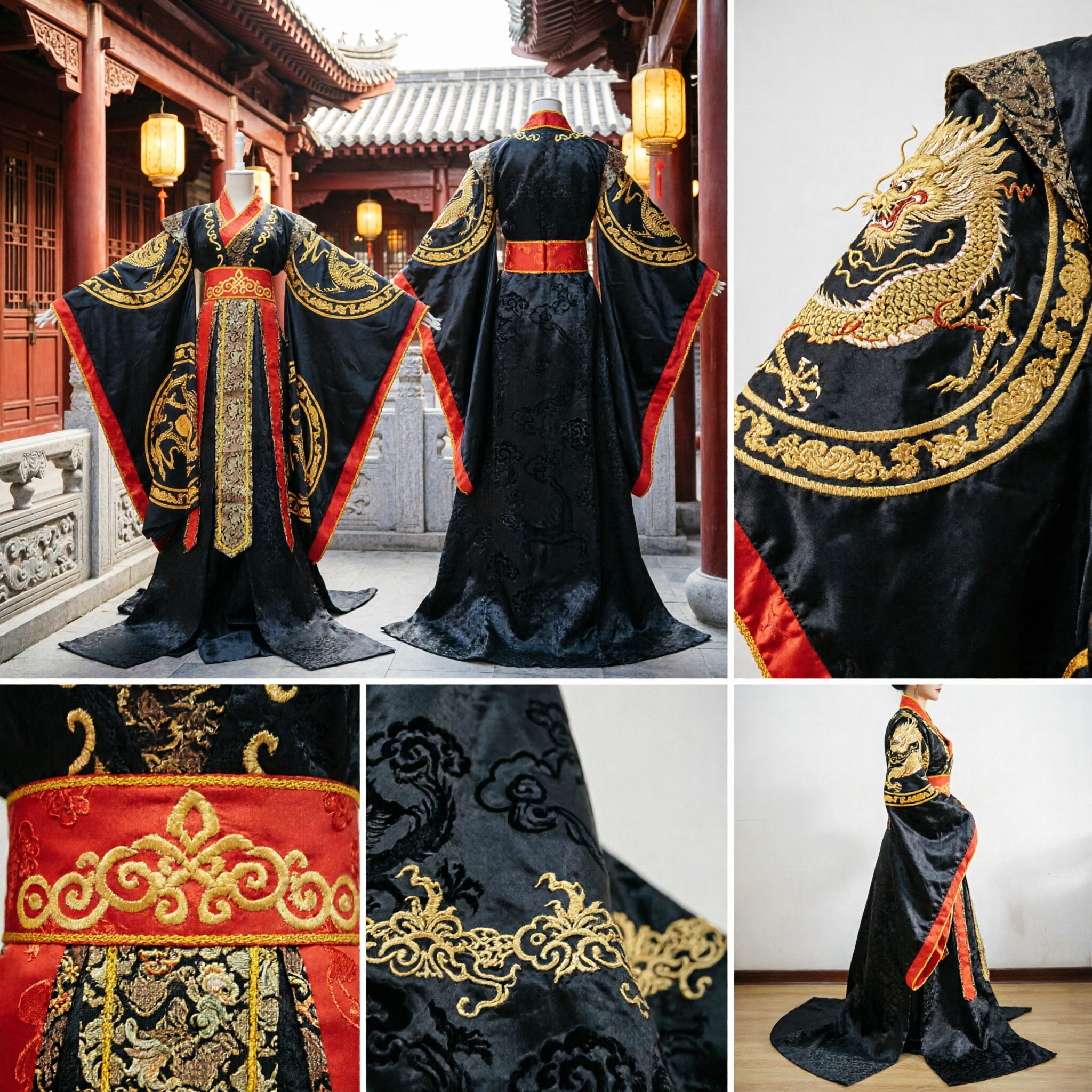Men's Ancient Chinese Emperor Costume Black Gold Dragon Embroidery Hanfu Robe for Stage Performance Cosplay