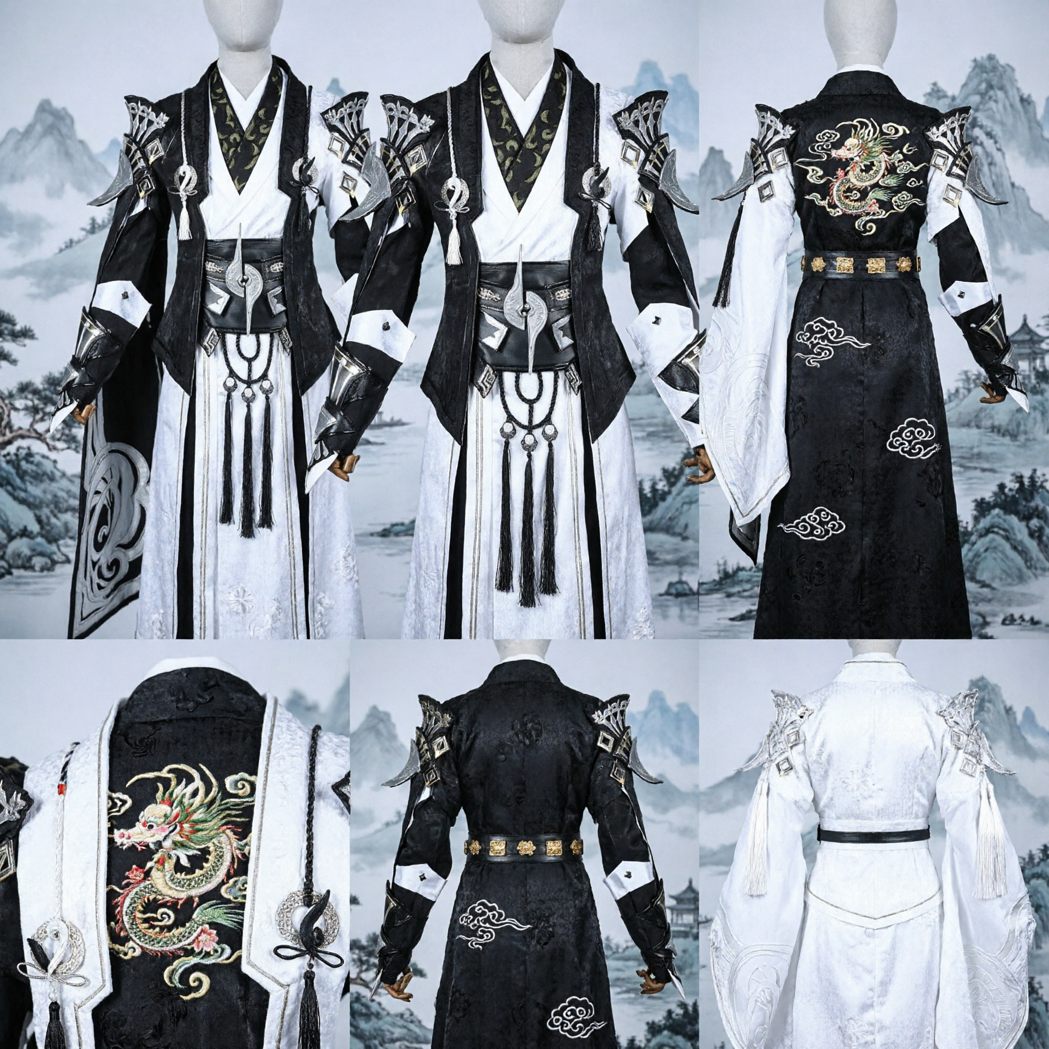 Men's Chinese Traditional Ancient Swordsman Costume Black and White Hanfu Cosplay Outfit Wuxia Knight Robe
