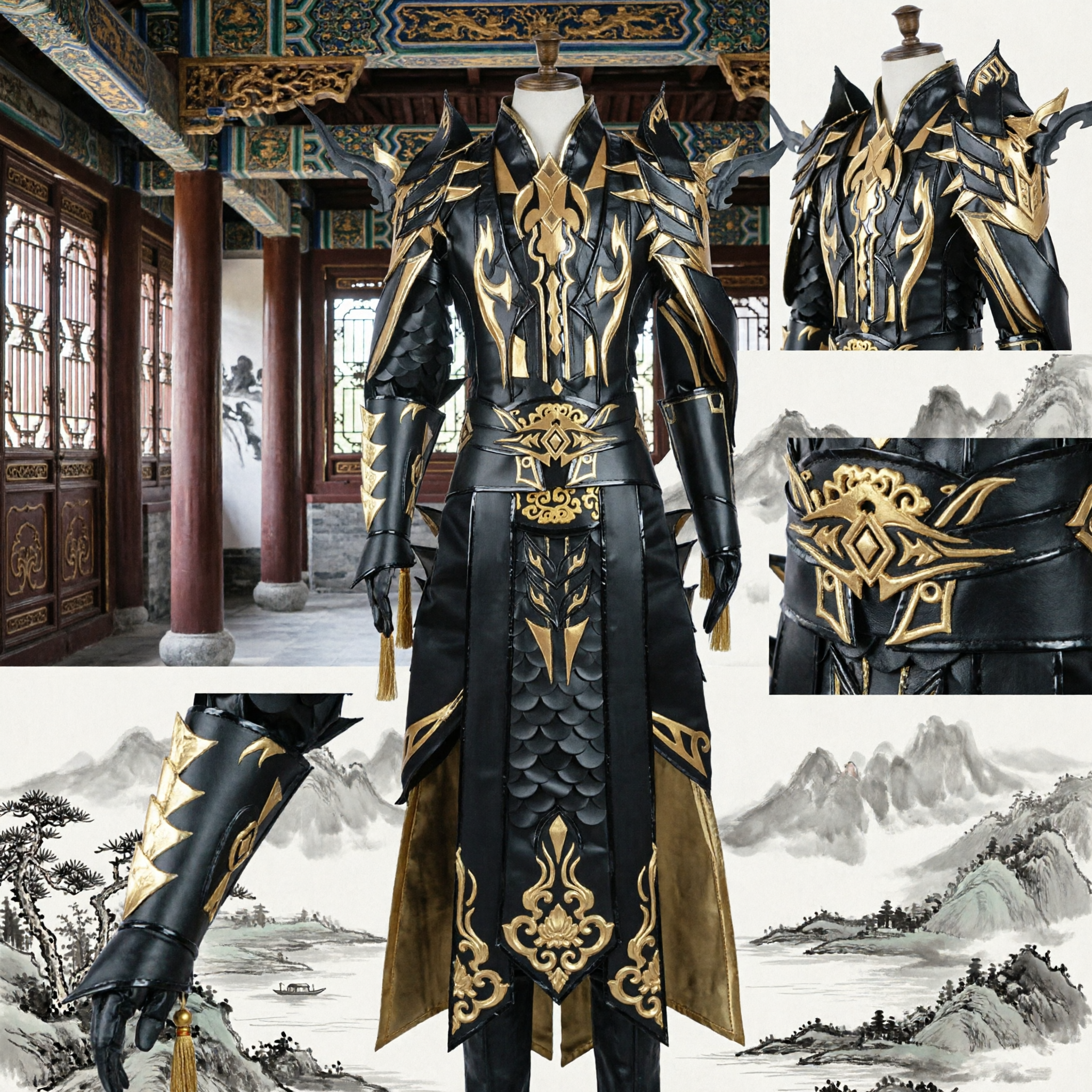 Men's Black and Gold Chinese Fantasy Armor Cosplay Costume Ancient Warrior General Outfit for LARP and Performance