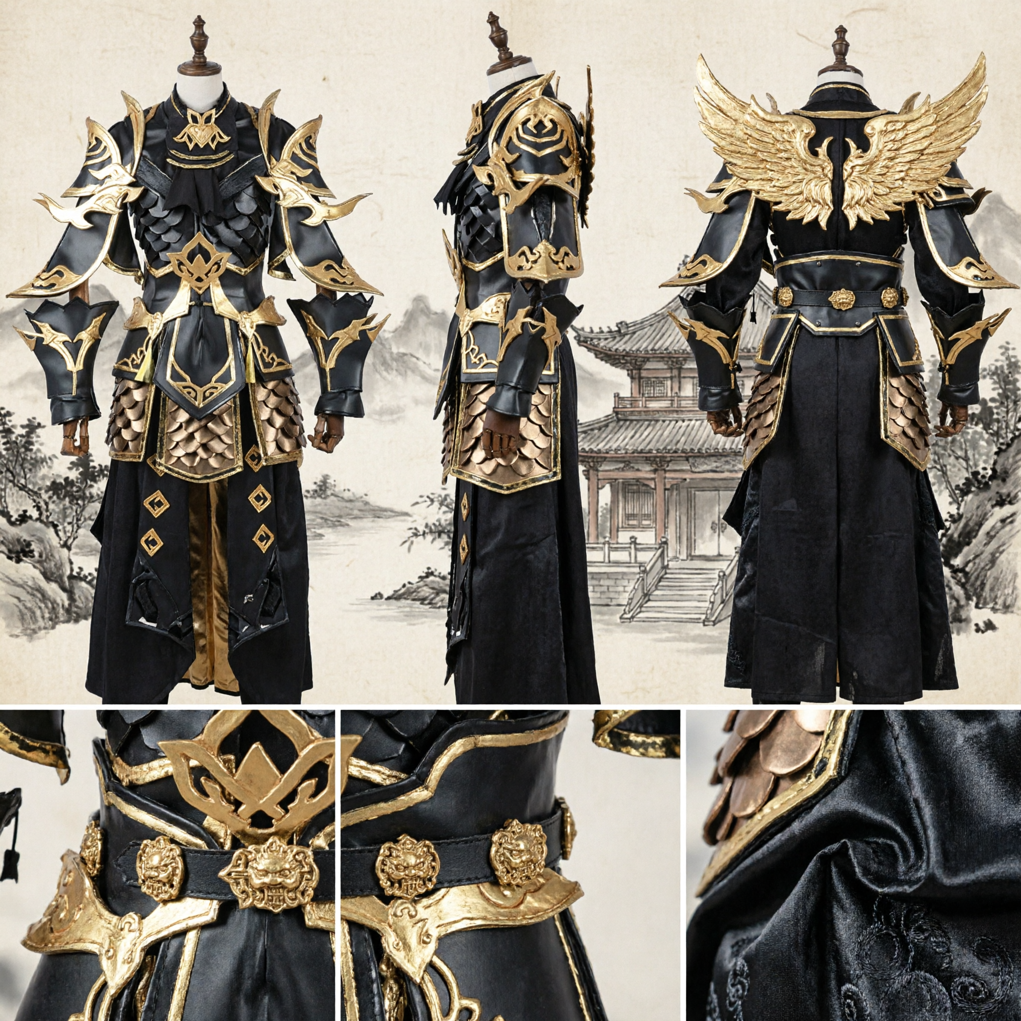 Men's Black and Gold Fantasy Knight Armor Cosplay Costume for Stage Performance and LARP Events