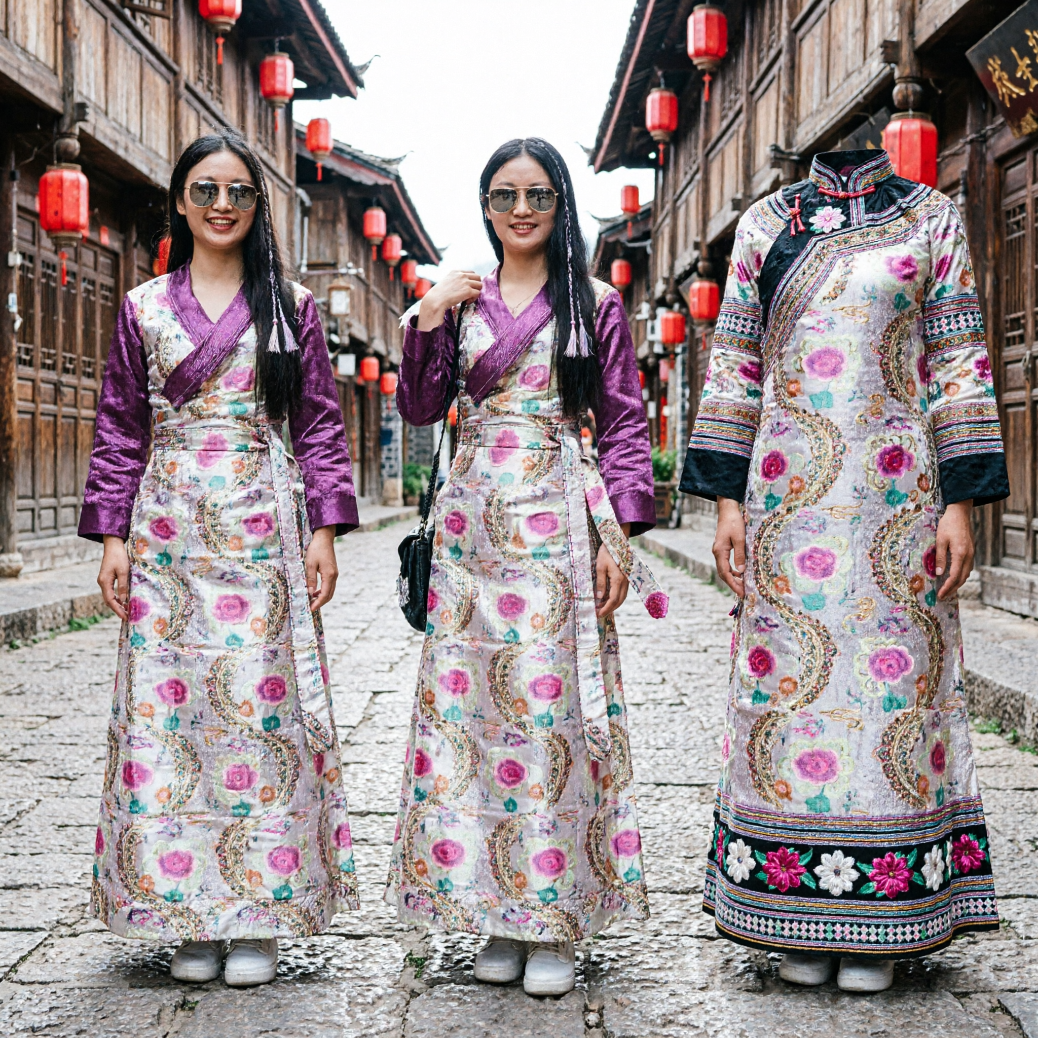 Women's Traditional Chinese Ethnic Costume Purple Long Sleeve Top and Paisley Skirt Set for Travel Photography