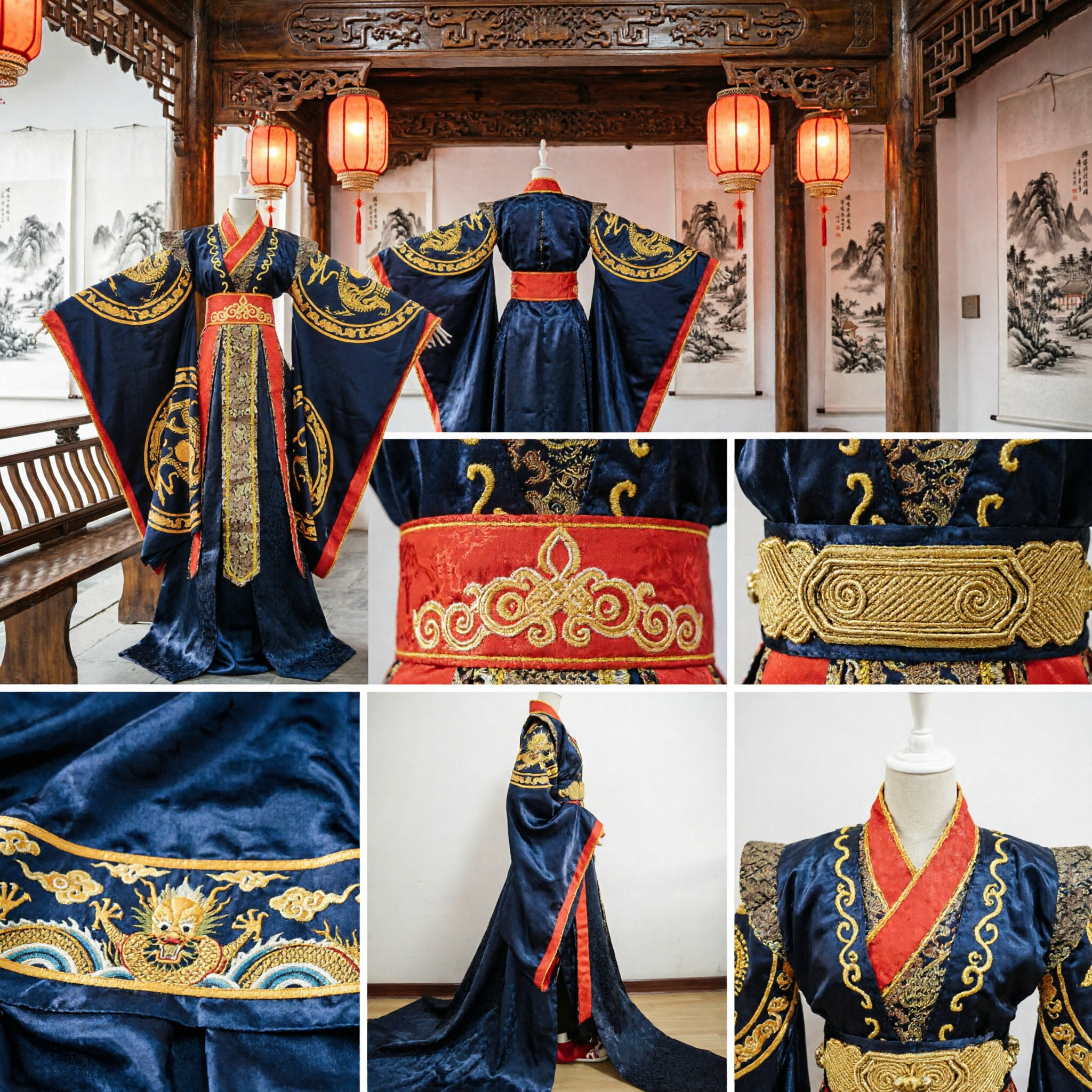 Men's Traditional Chinese Ancient Emperor Robe Black Hanfu with Gold Dragon Embroidery for Cosplay and Stage Performance