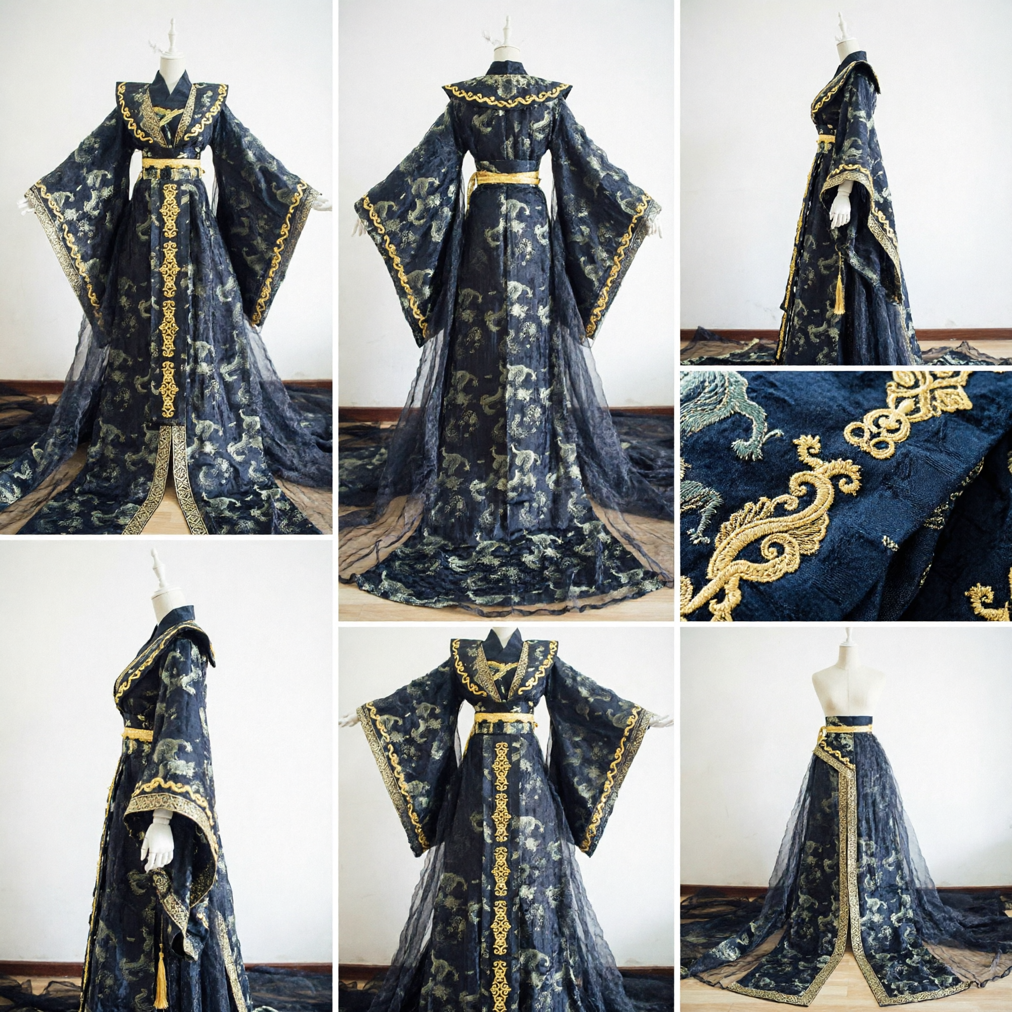 Traditional Chinese Hanfu Black Gold Dragon Embroidered Robe Ancient Empress Formal Costume for Wedding Cosplay