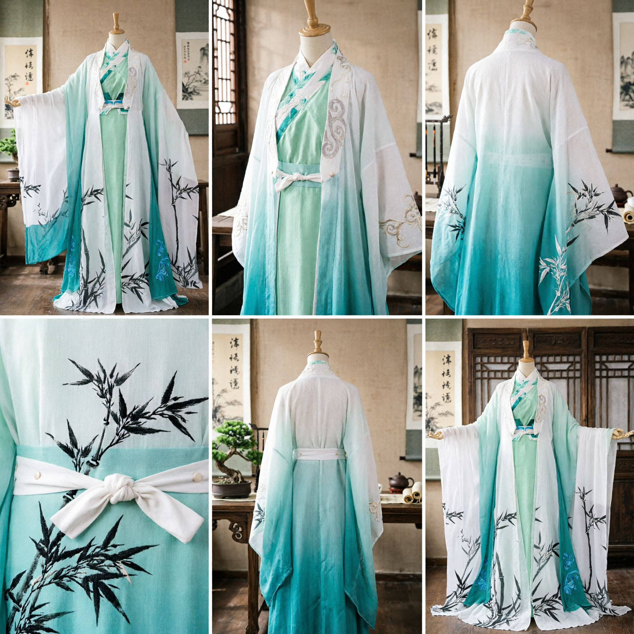 Women's Traditional Chinese Hanfu Green Ink Wash Bamboo Ancient Fairy Dress Costume for Cosplay Performance