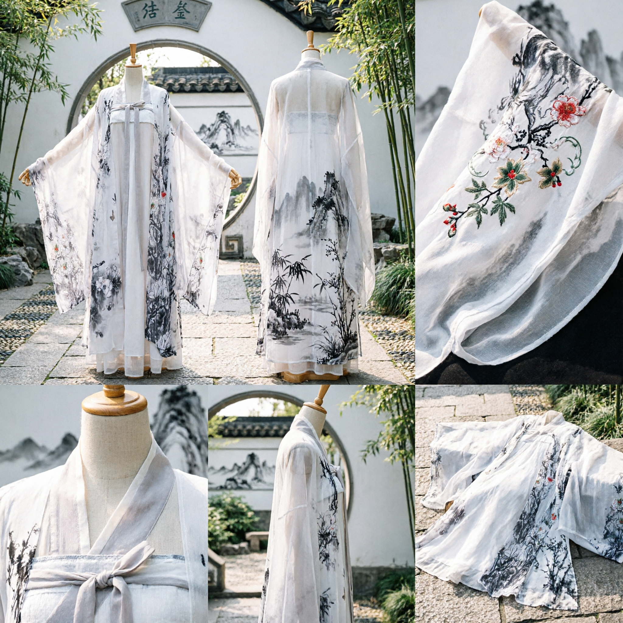 Traditional Chinese Hanfu Song Dynasty Style White Chiffon Outer Robe with Ink Wash Painting Print for Women