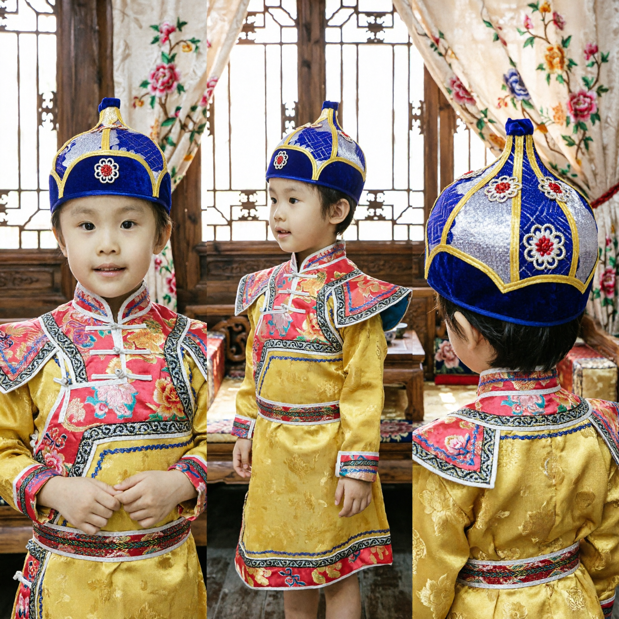 Traditional Mongolian Ethnic Costume for Boys Yellow Robe and Hat Set Kids Dance Performance